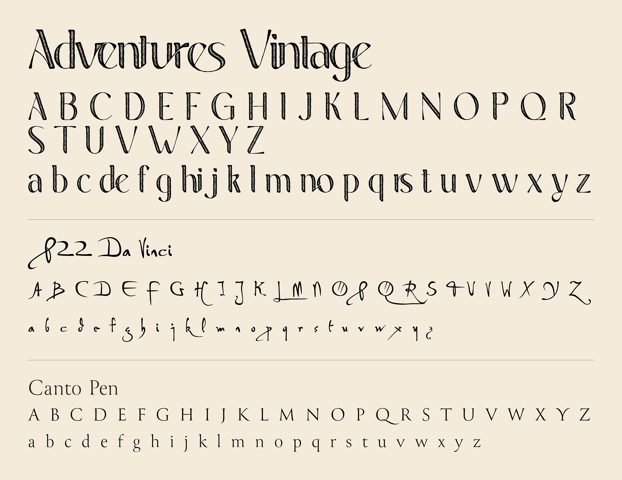 Brand Typography: The typographic hierarchy for Wadicraft, pairing the elegant Adventures Vintage serif and botanical note-inspired P22 Da Vinci with the clean Canto Pen serif for technical details and copy.