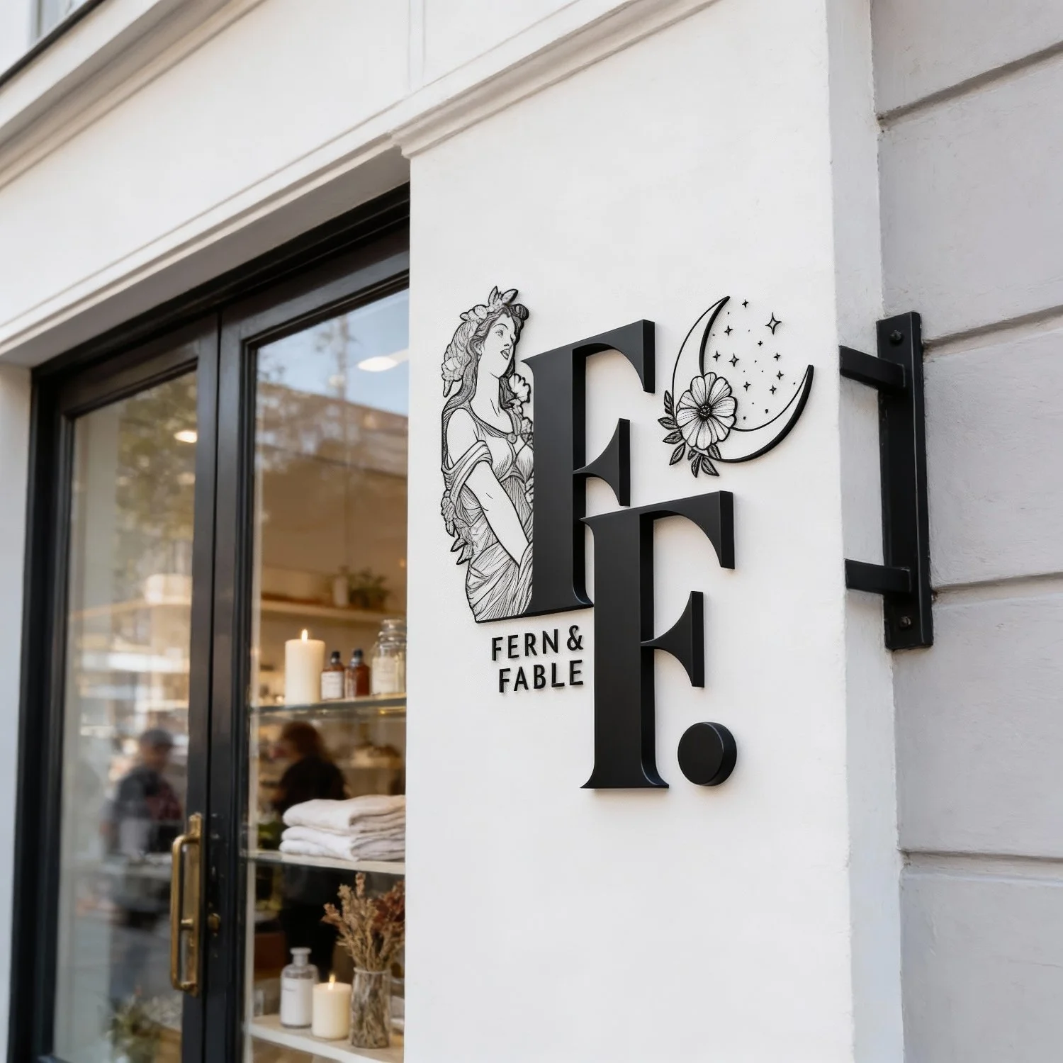 Storefront sign with the logo and name 'Fern & Fable' featuring a woman illustration, large letters 'F' and decorative moon and flower design.