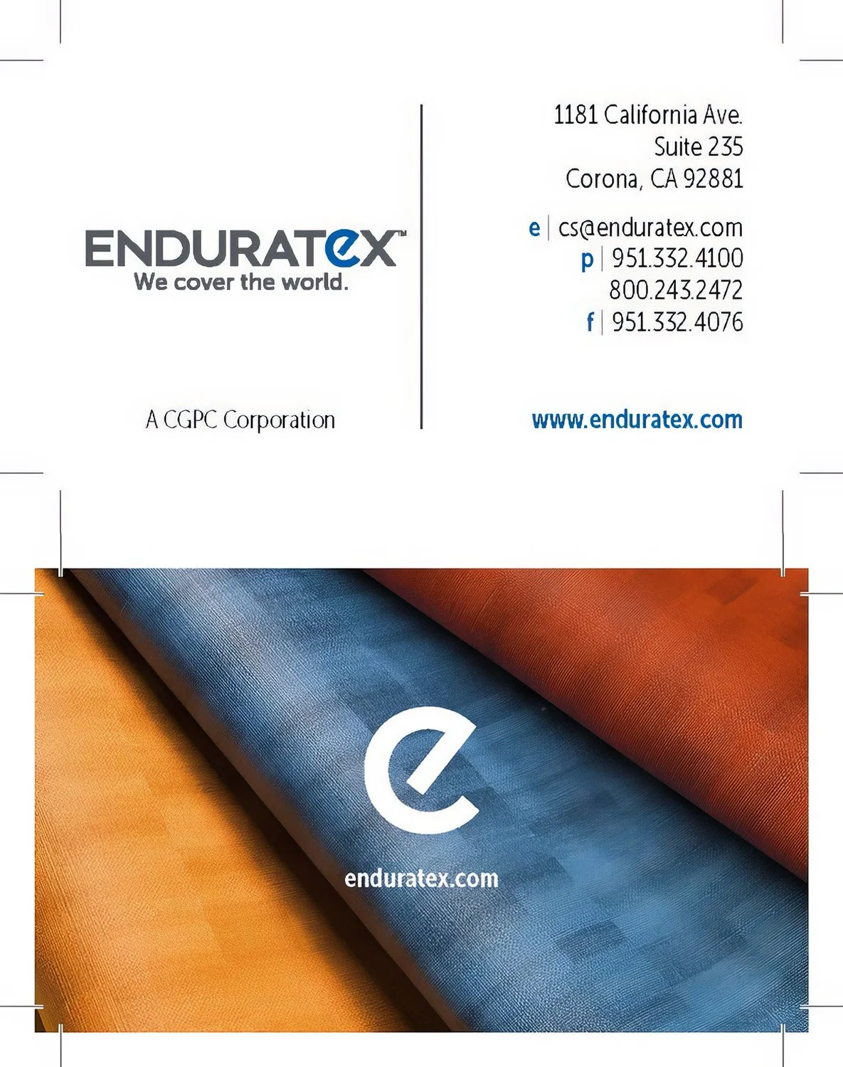 A clean, modern business card design for Enduratex emphasizing professionalism, material quality, and brand consistency. The design pairs restrained typography with fabric-inspired imagery to subtly reinforce the company’s product focus.
