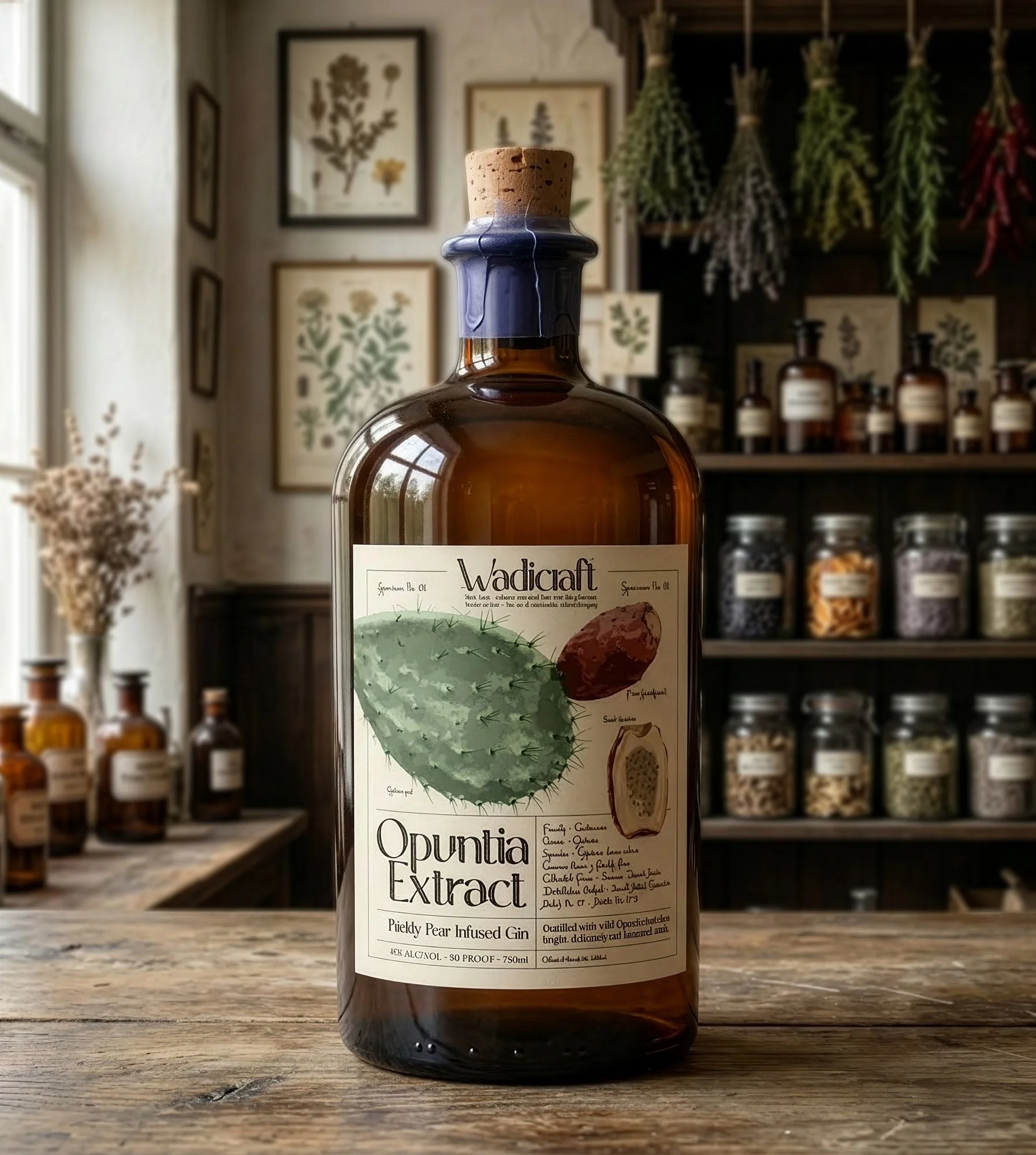 A brown glass bottle labeled 'Opuntia Extract,' with a cactus illustration, on a wooden surface inside a herbal shop with shelves of jars and framed botanical prints in the background.