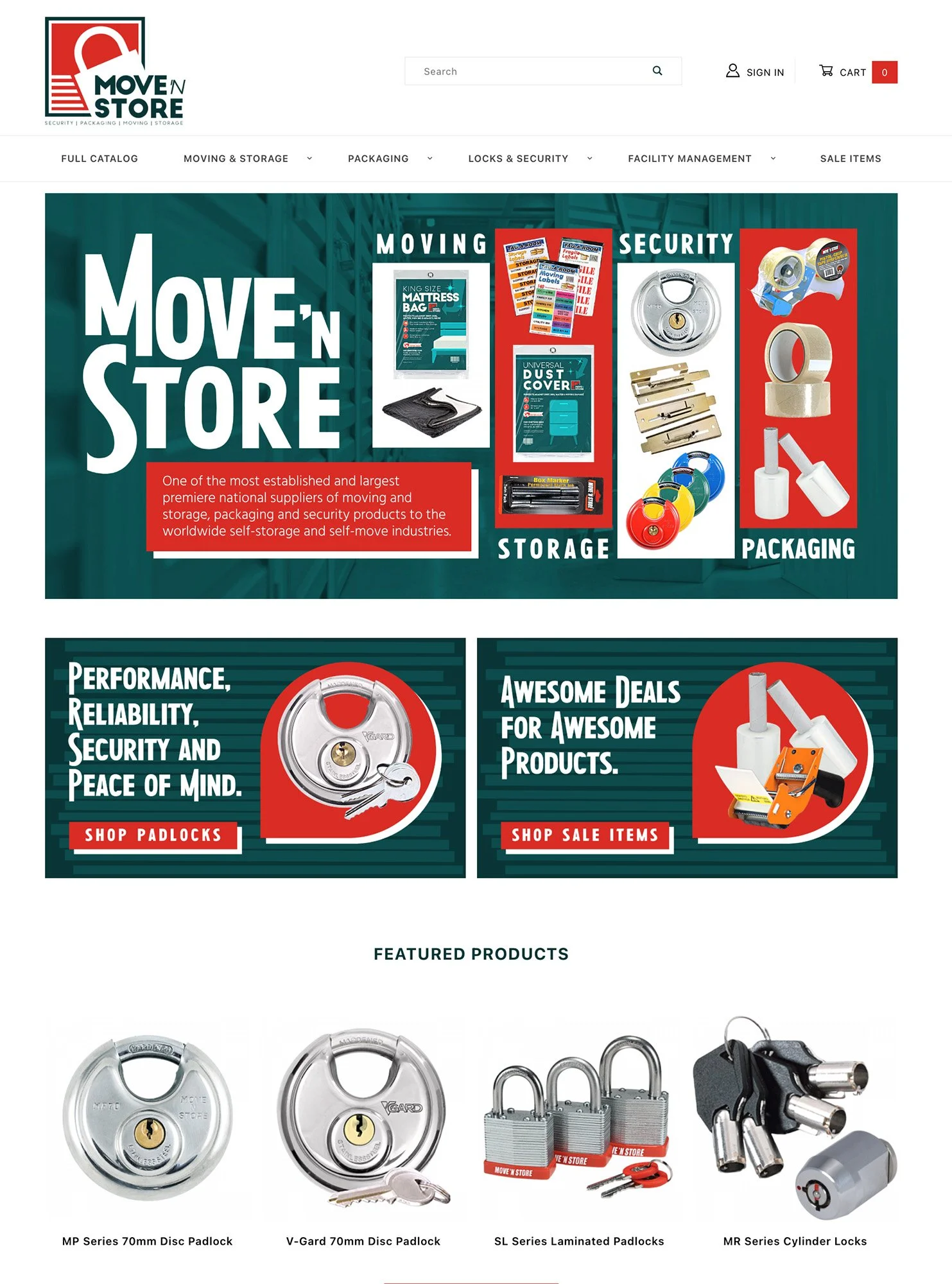 UI Website Design: Modern e-commerce website UI/UX design for Move 'N Store. Showcases a user-friendly homepage layout with dynamic hero banners, intuitive navigation for packaging and security products, and a clean featured product grid optimized fo