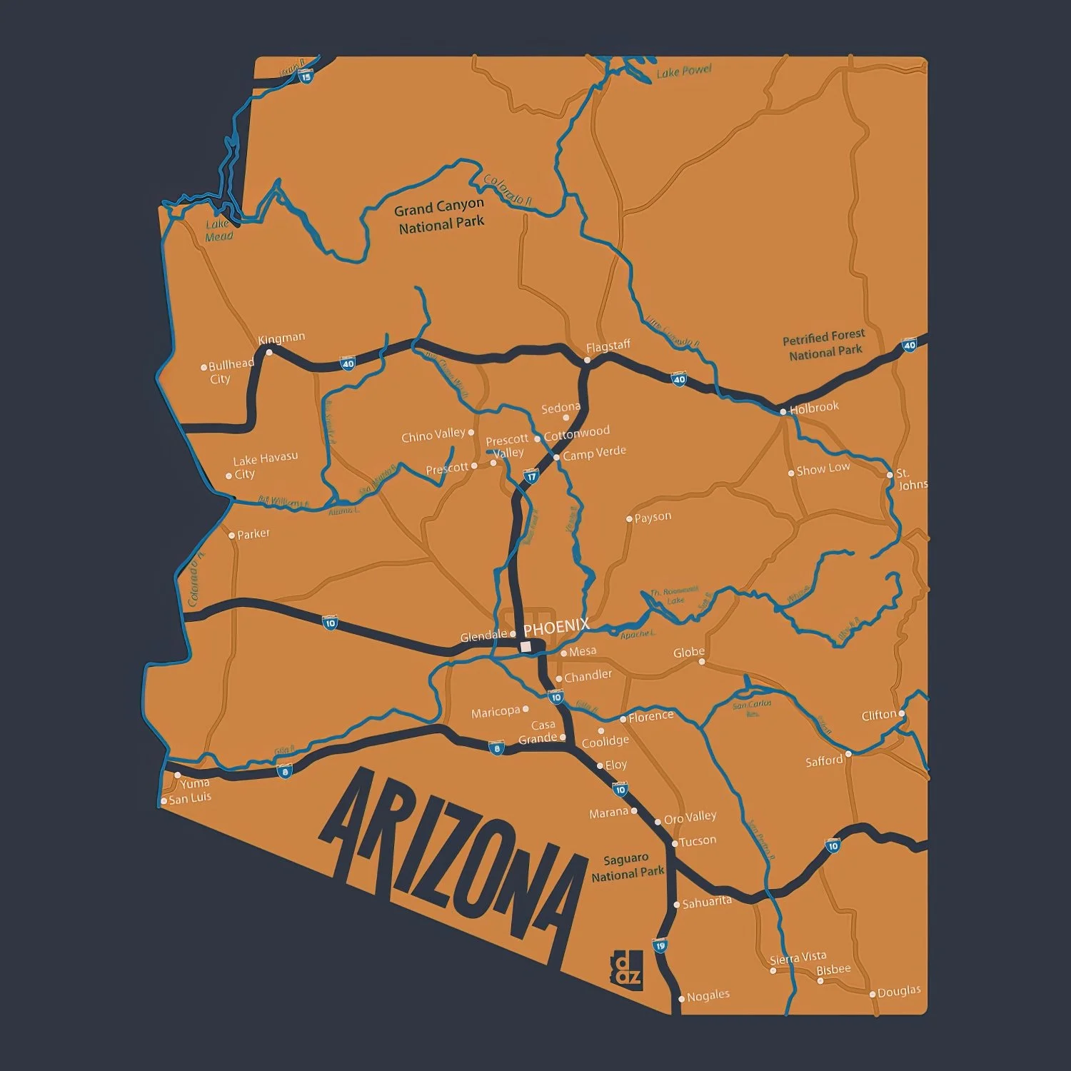 Vintage-inspired Arizona state roadmap vector illustration designed for apparel, detailing major highways, cities, and landmarks in muted earth tones.
