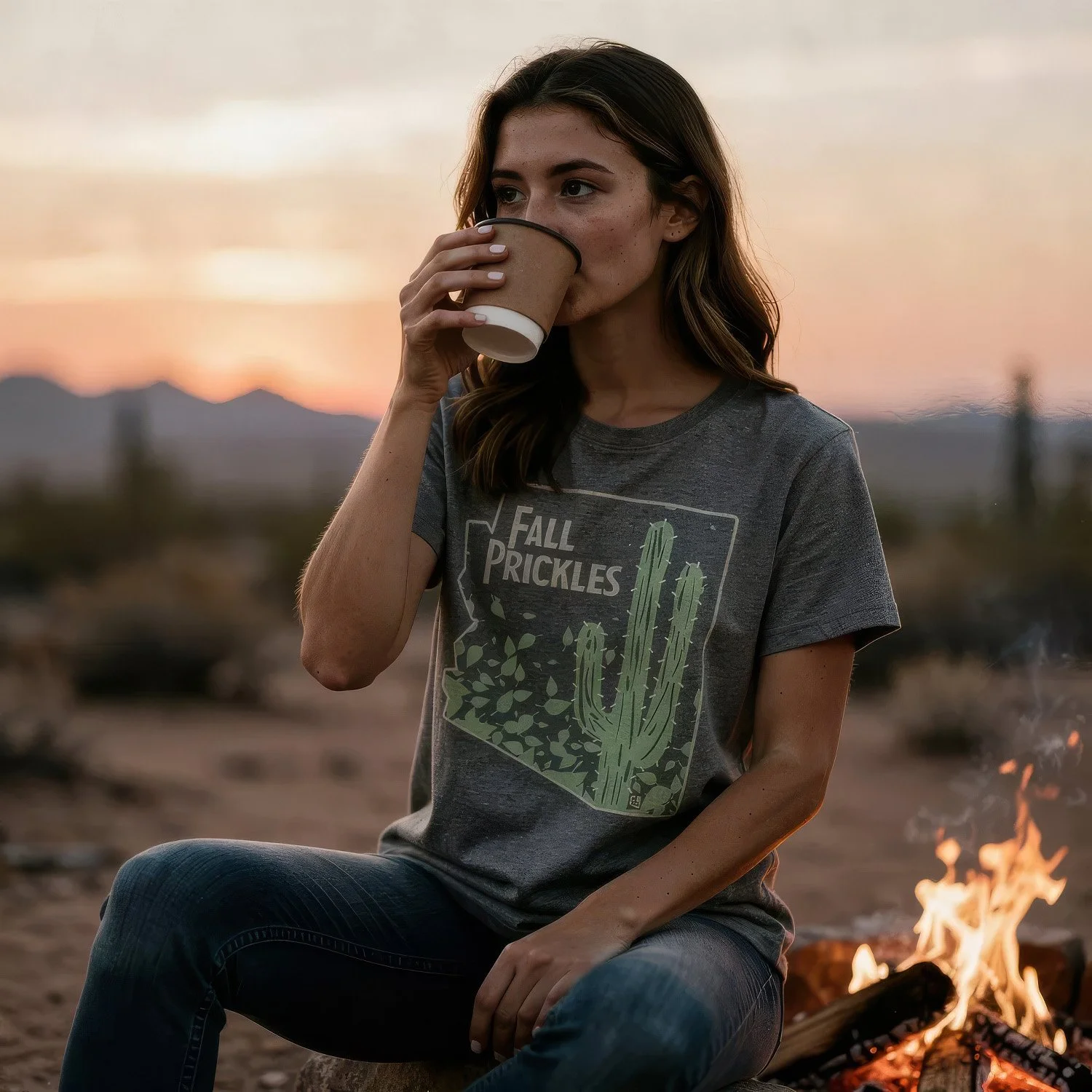 A woman with long brown hair sitting outdoors at sunset, drinking from a disposable cup, wearing a gray t-shirt that says "Fall Prickles” with a cactus graphic, near a campfire.