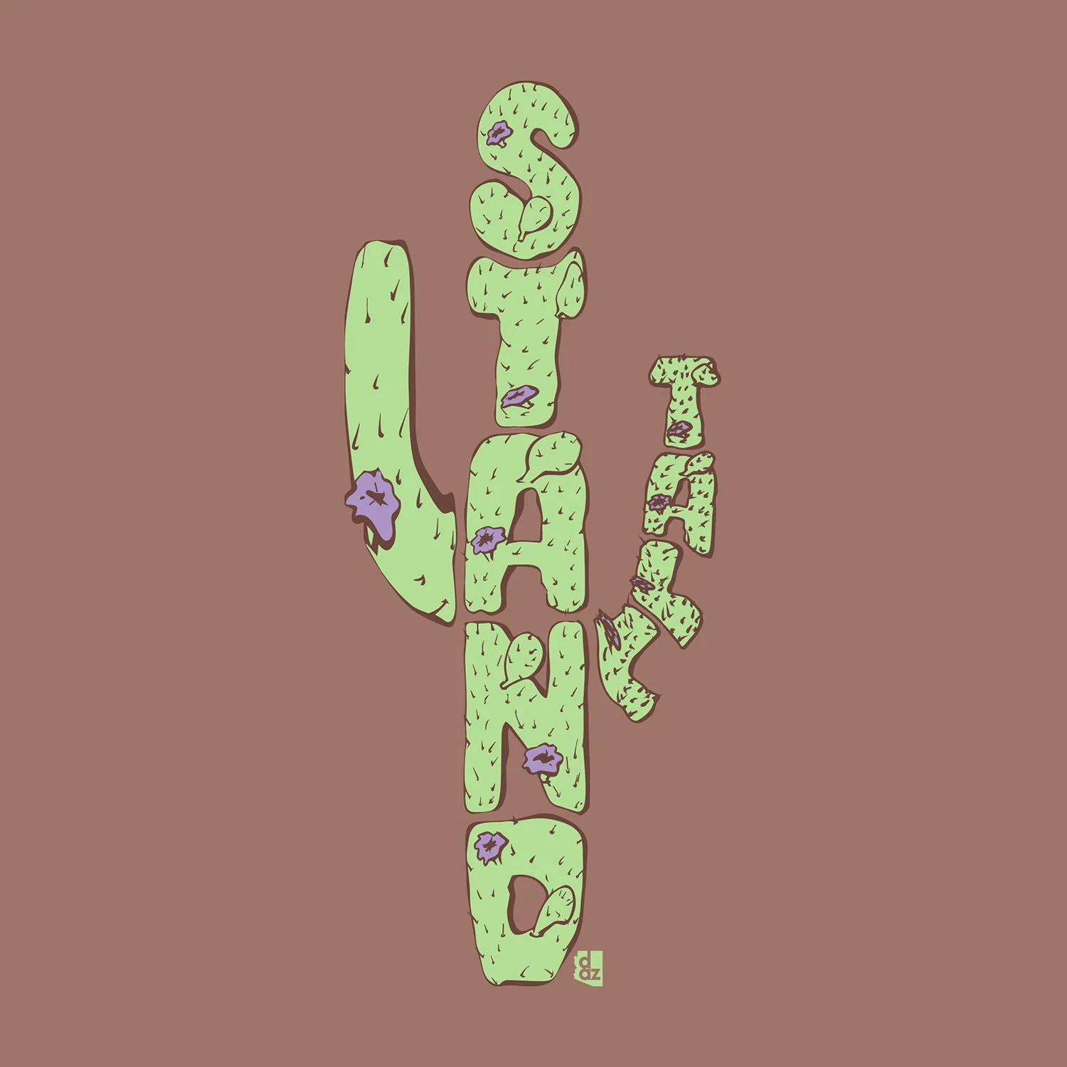 Artistic typographic T-shirt design where the words "Stand Tall" are shaped into a textured saguaro cactus illustration.
