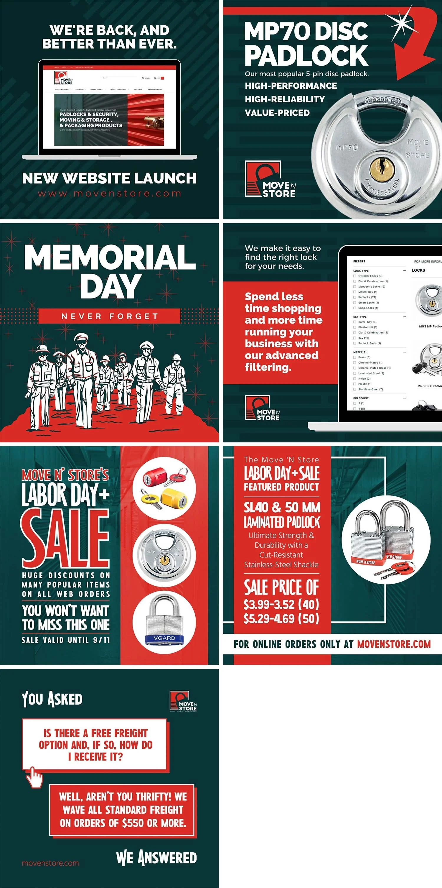 Social Media Posts: Engaging B2B social media post designs for Move 'N Store. The collection features dynamic promotional graphics for security padlocks, targeted holiday sale campaigns (Labor Day, Memorial Day), and branded customer FAQ templates op
