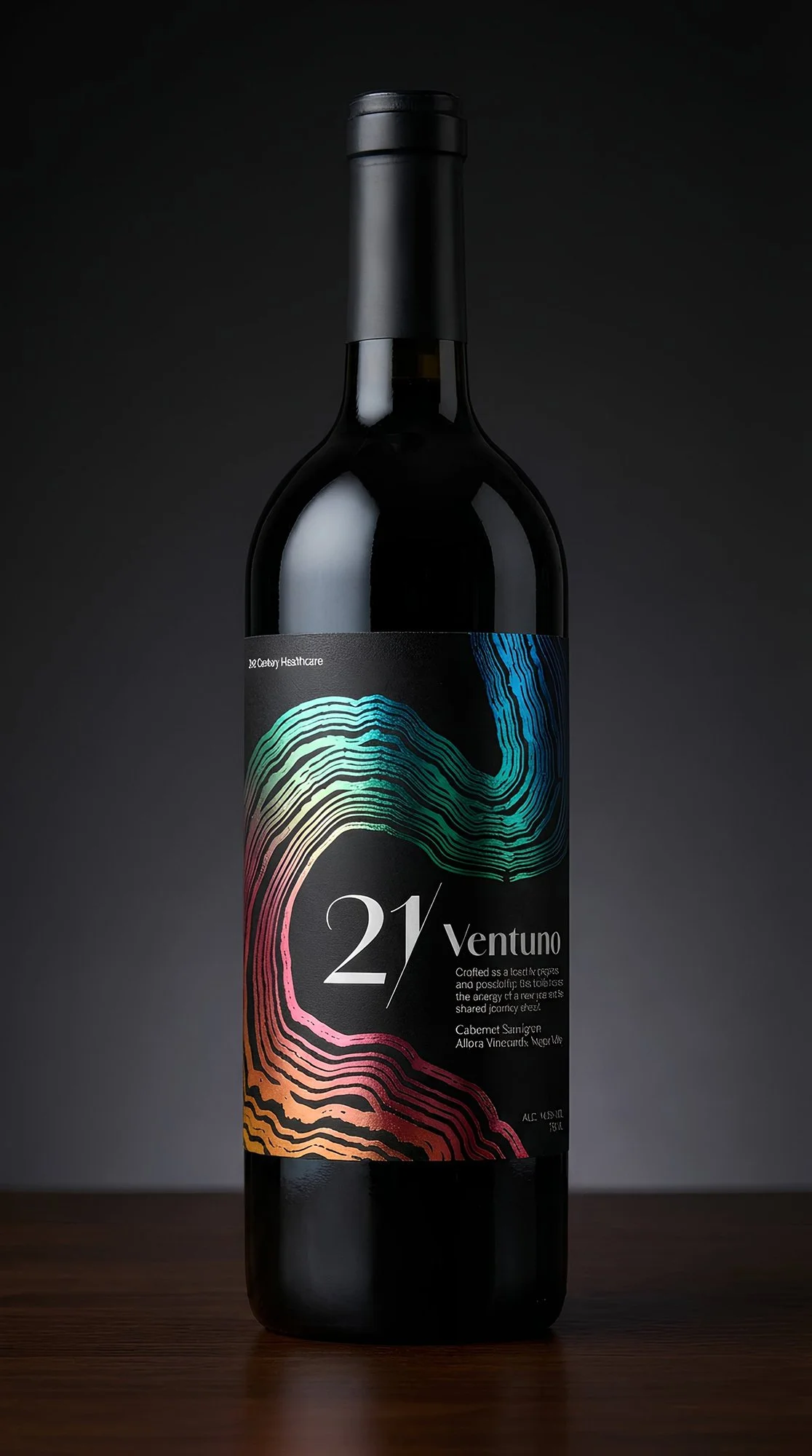 A dark glass bottle of wine with a black label featuring colorful, wavy line art and white text that reads '21/ Ventuno' placed on a wooden surface against a black background.