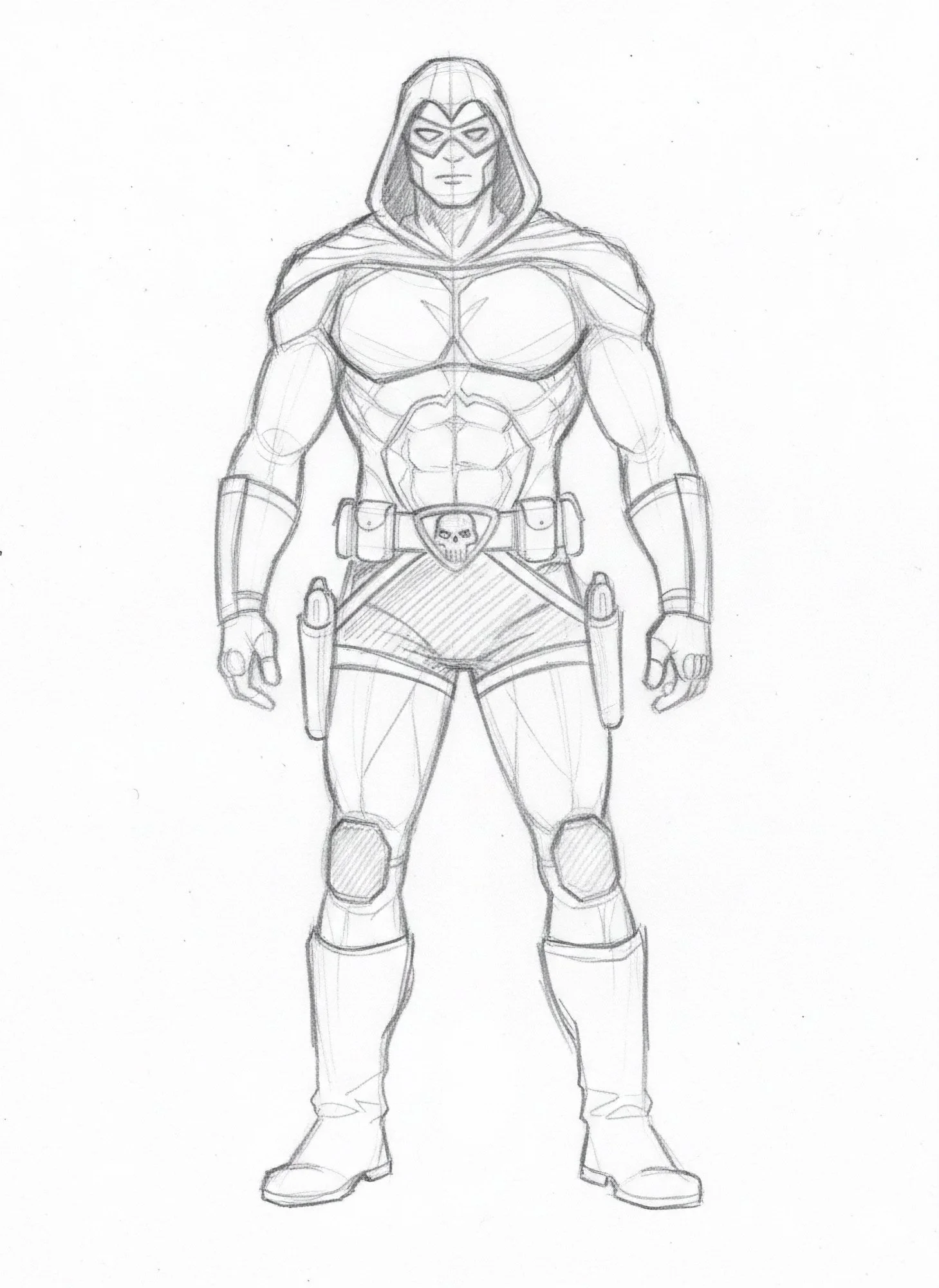 A rough thumbnail sketch used to refine the character's muscular anatomy and establish the basic silhouette of the new hooded tactical suit.