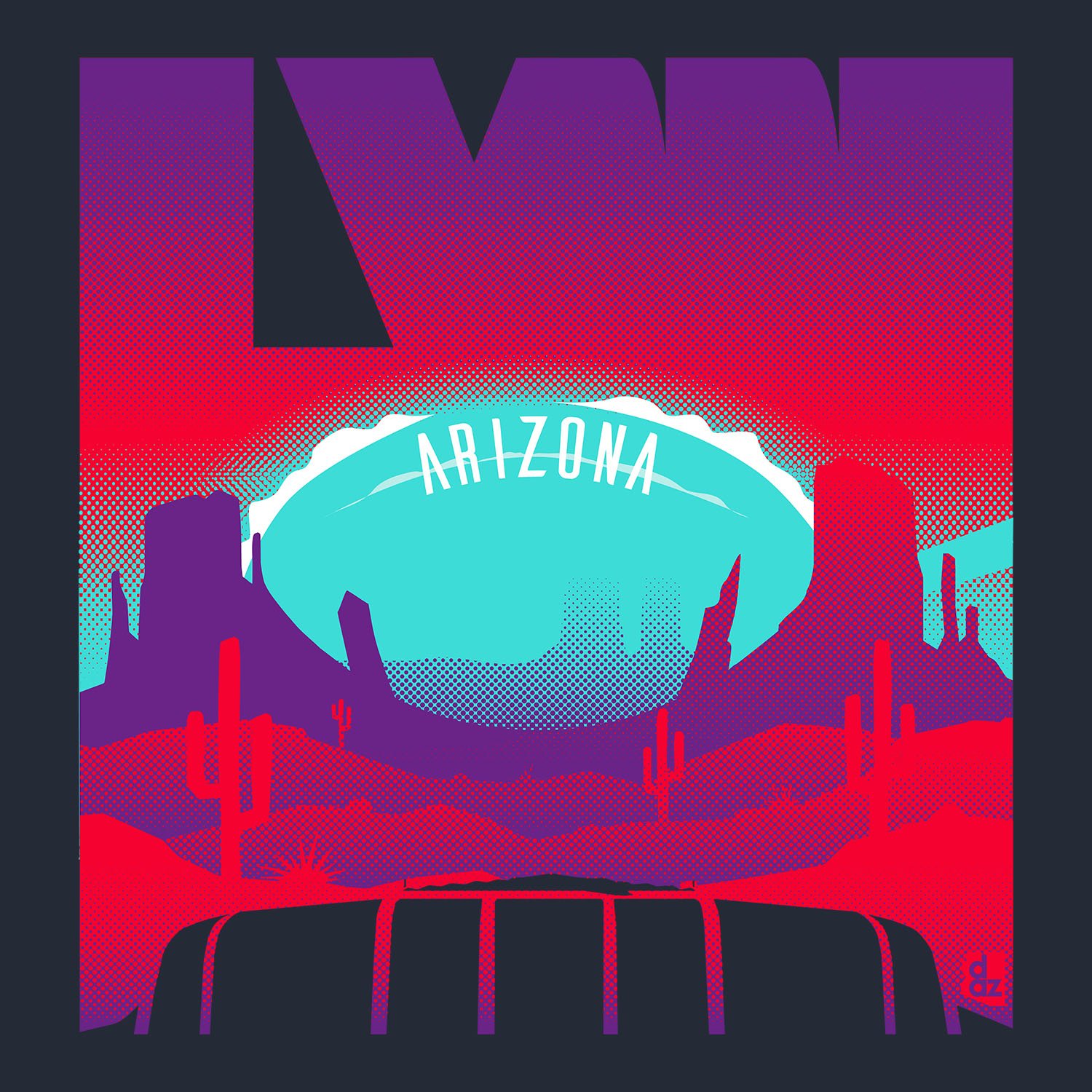 Vibrant vector graphic T-shirt design celebrating football in Arizona, featuring retro neon gradients, desert landscape silhouettes, and bold "LVII" typography.