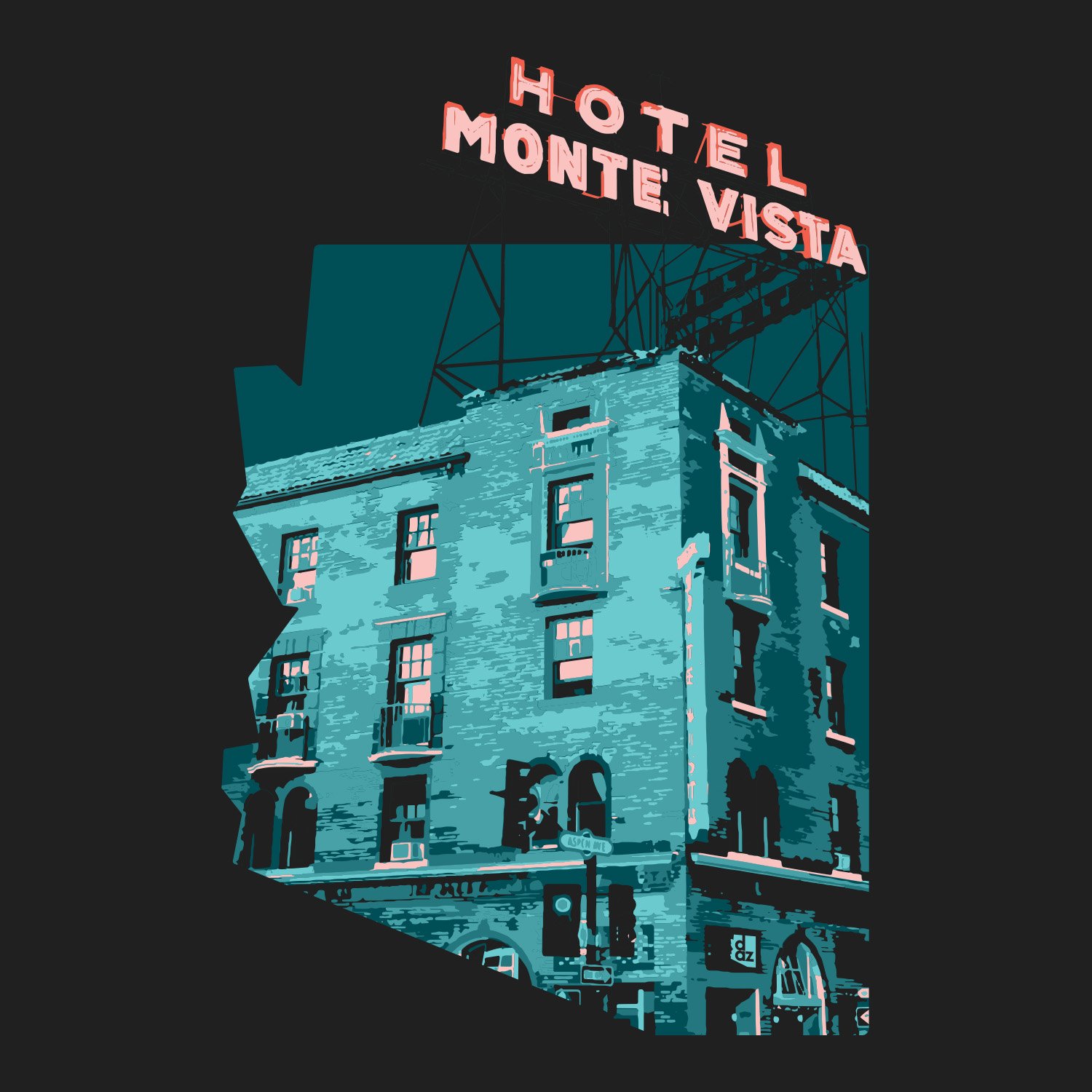 Flagstaff-themed graphic T-shirt design featuring a high-contrast vector illustration of the historic Hotel Monte Vista building and neon signage.