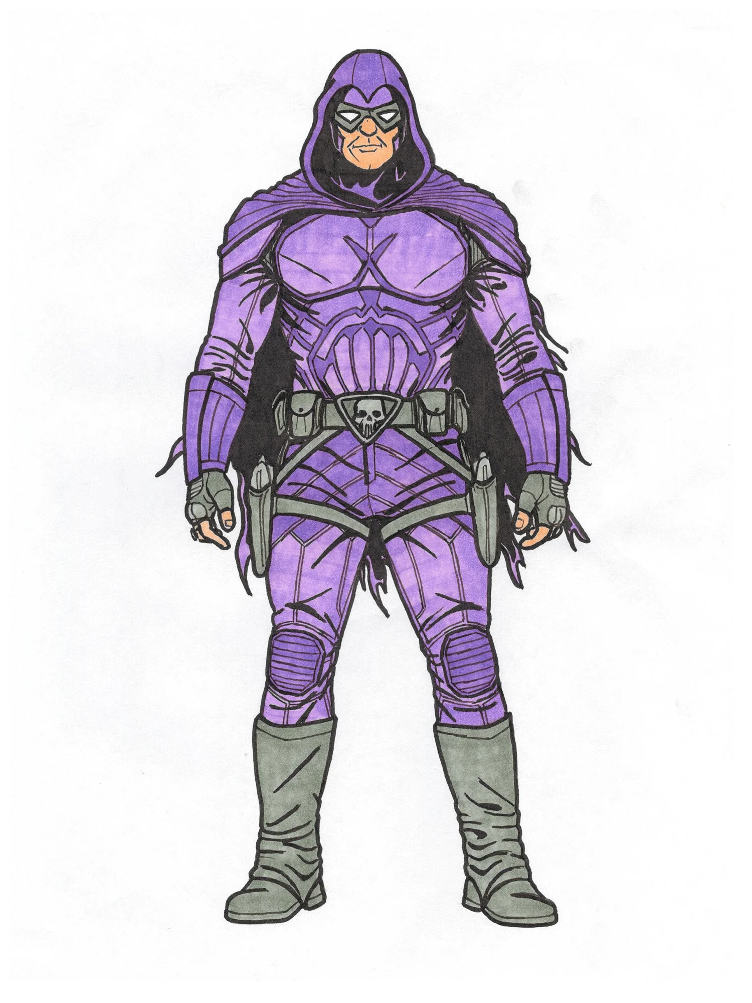 The finalized character design illustration featuring the supernatural "apparition" elements: the hood, tattered mid-length cape, and all-white spectral eyes.
