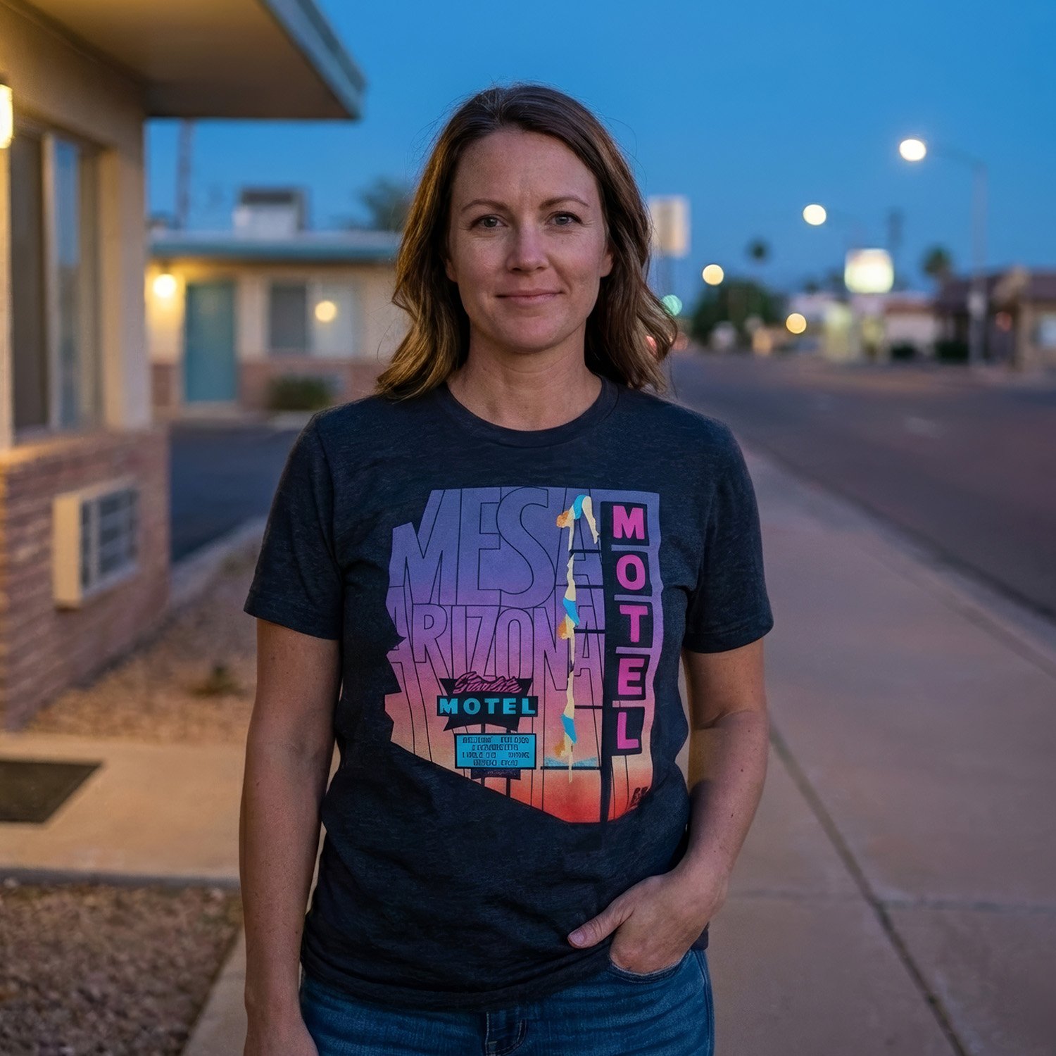 A woman standing on a sidewalk at dusk, wearing a dark T-shirt with a colorful graphic design and the words 'Mesa Arizona Motel' on it.