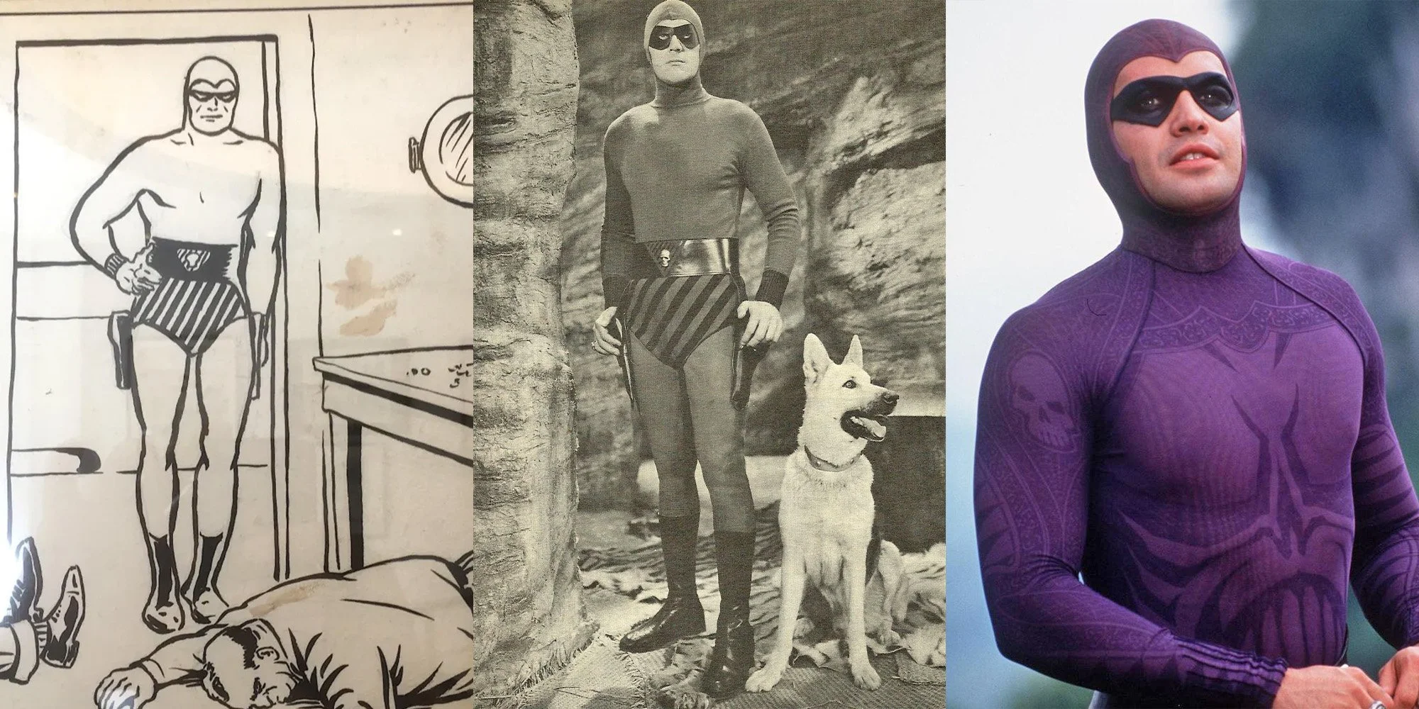 A reference board combining the three major historical iterations of The Phantom to identify key recurring motifs and design opportunities.