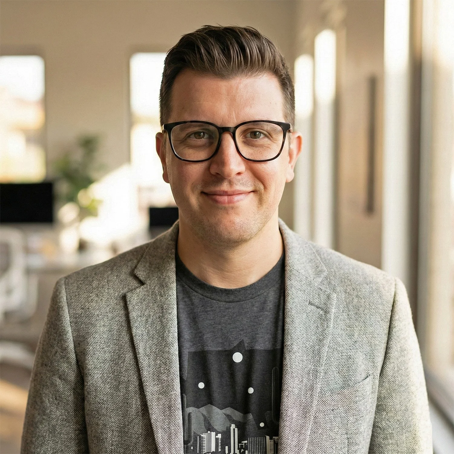 A young man with short dark hair, glasses, wearing a gray blazer and a graphic T-shirt, smiling in an indoor space with large windows and natural lighting.