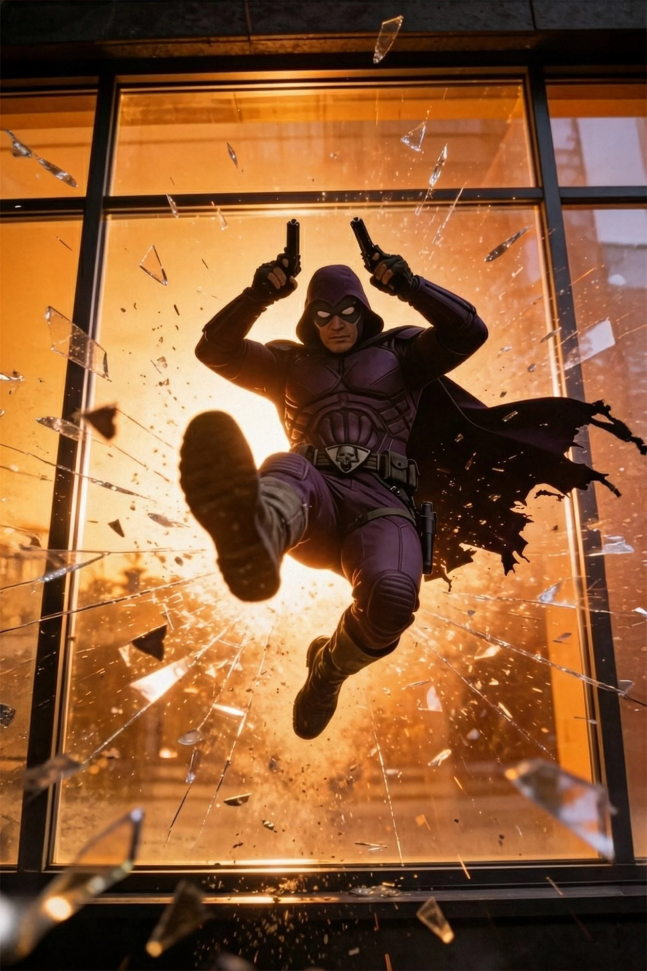 A figurine of a superhero dressed in black with a cape and mask, appearing to break through a shattered glass window with an explosion in the background.