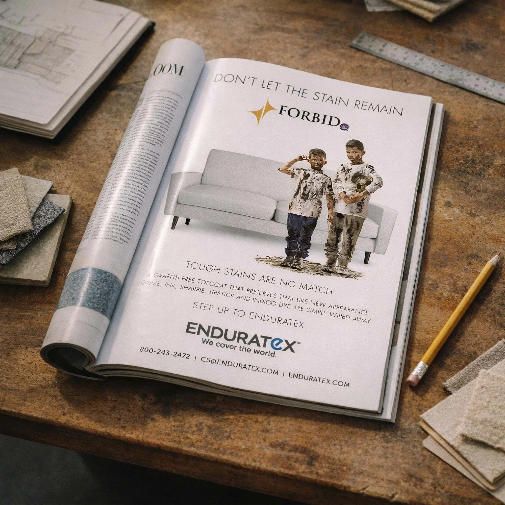 Open advertisement magazine on a desk showing two children with graffiti-stained clothes standing in front of a white sofa, with the text 'Don't let the stain remain. Forbid' and promotional content for Enduratex.