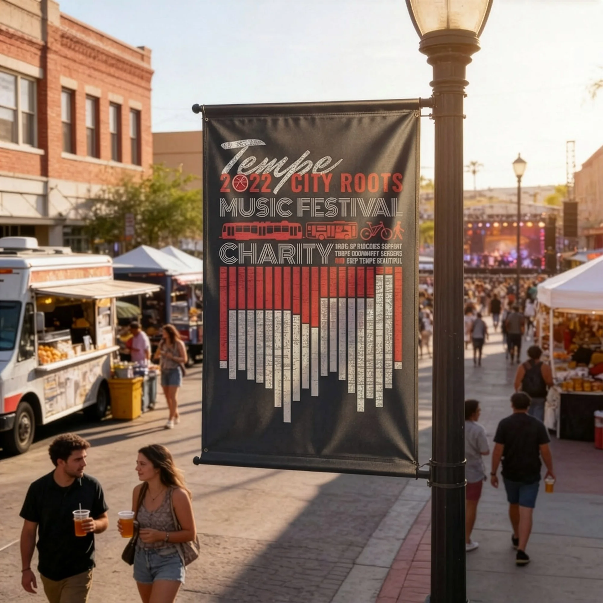 A street scene at sunset with a banner for the 2022 Tempe City Roots Music Festival, featuring event details and a colorful bar chart on a pole, with people walking, vendors' stalls, and a stage with performers visible in the background.
