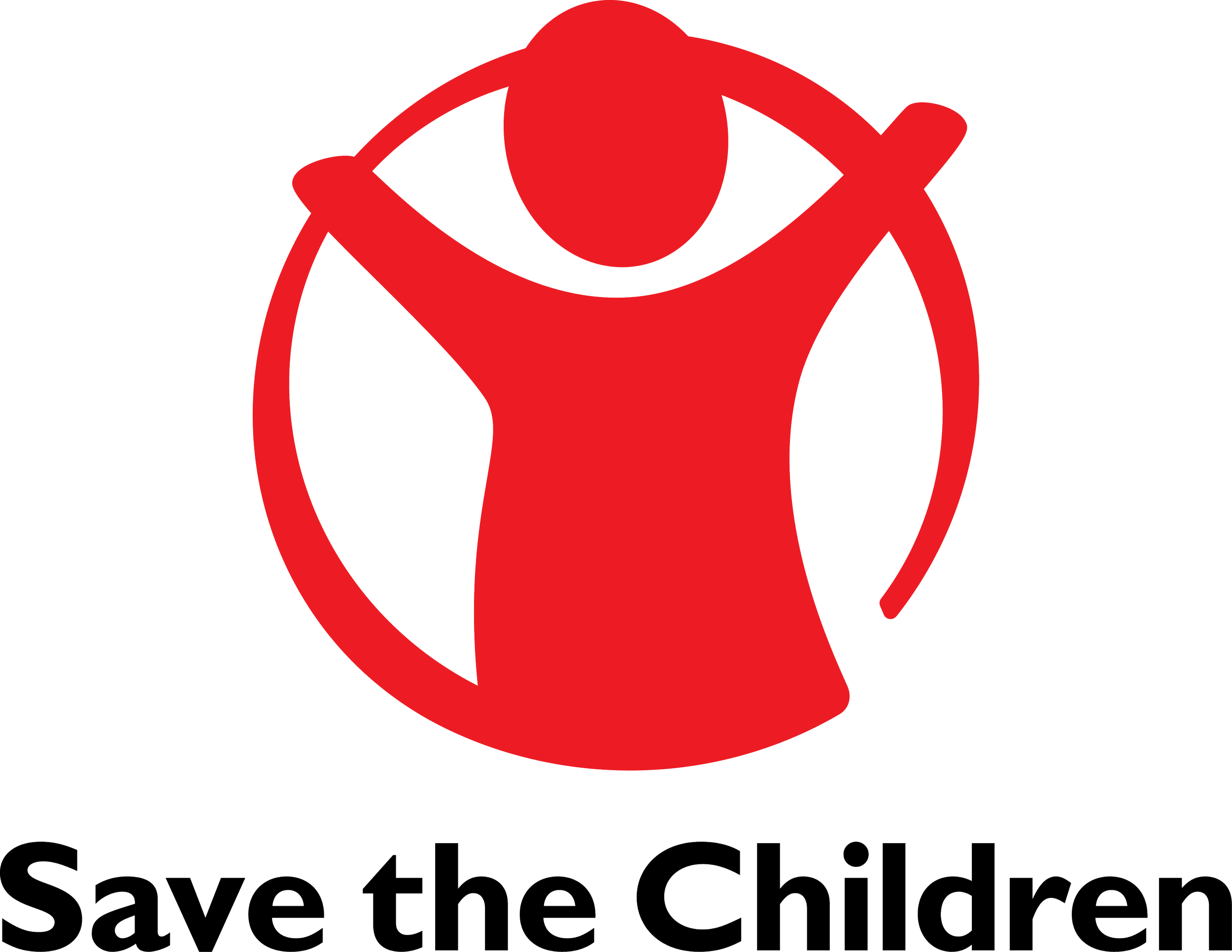 Red and black logo featuring an abstract figure of a person with their hands behind their head, surrounded by a red circle, with the text "Save the Children" below.
