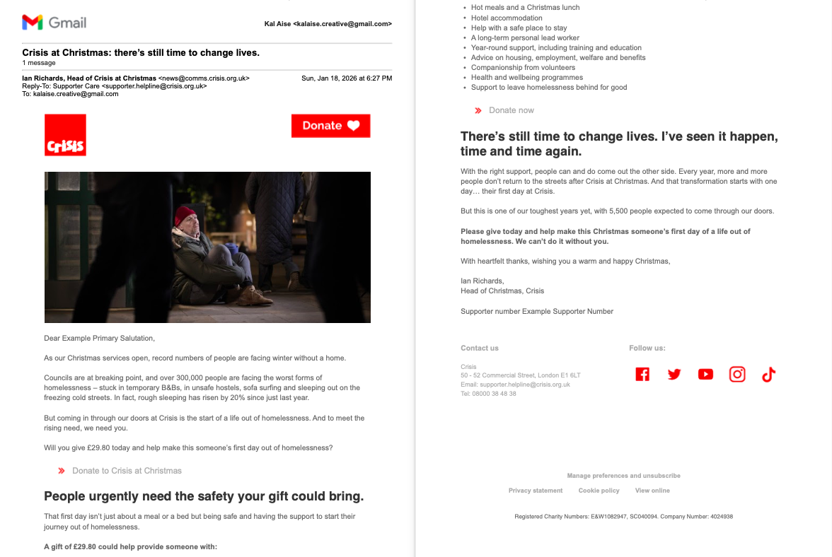 Crisis at Christmas Email Campaign