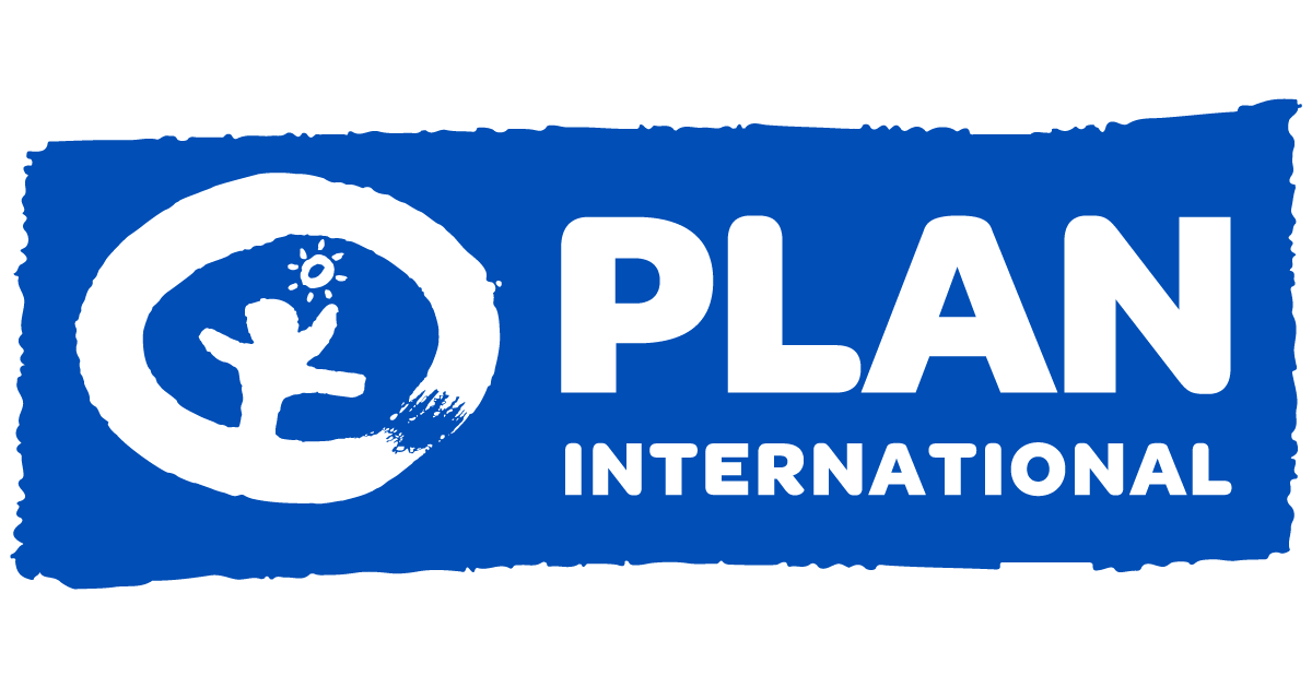 Plan International logo featuring a stylized child figure inside a circular brush stroke, with the text 'PLAN INTERNATIONAL' next to it on a blue background.