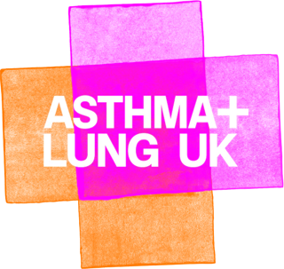 Colorful graphic with pink and orange blocks, displaying the text 'Asthma + Lung UK' in bold white letters.