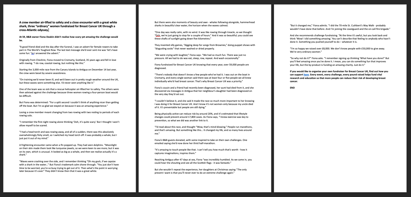 Breast Cancer UK Press Release Challenge Fundraiser Story