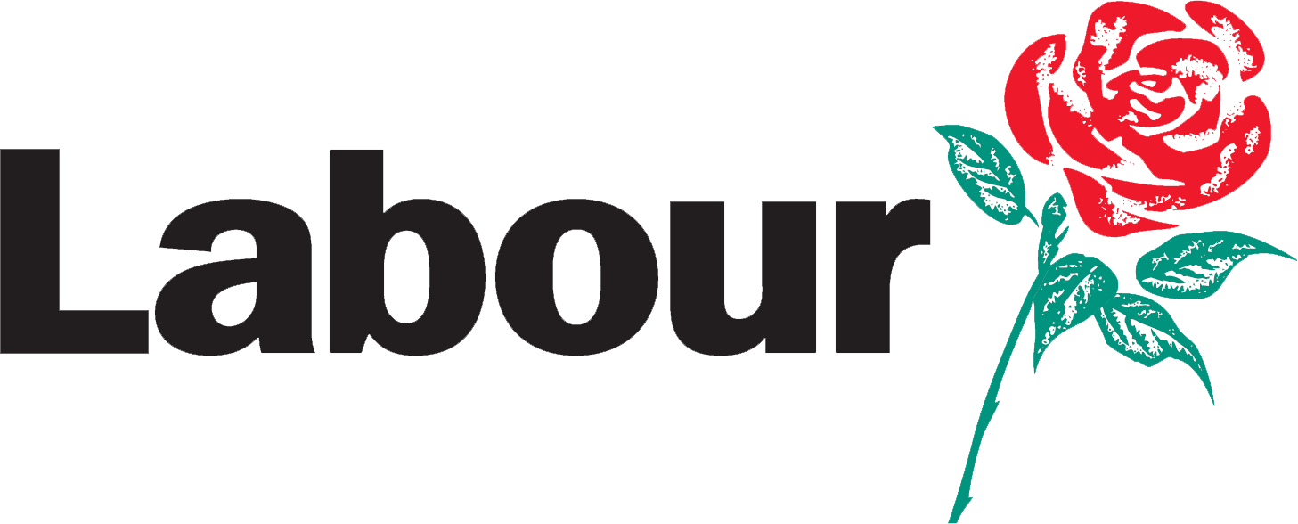 The word 'Labour' in black text next to a red rose with green leaves.