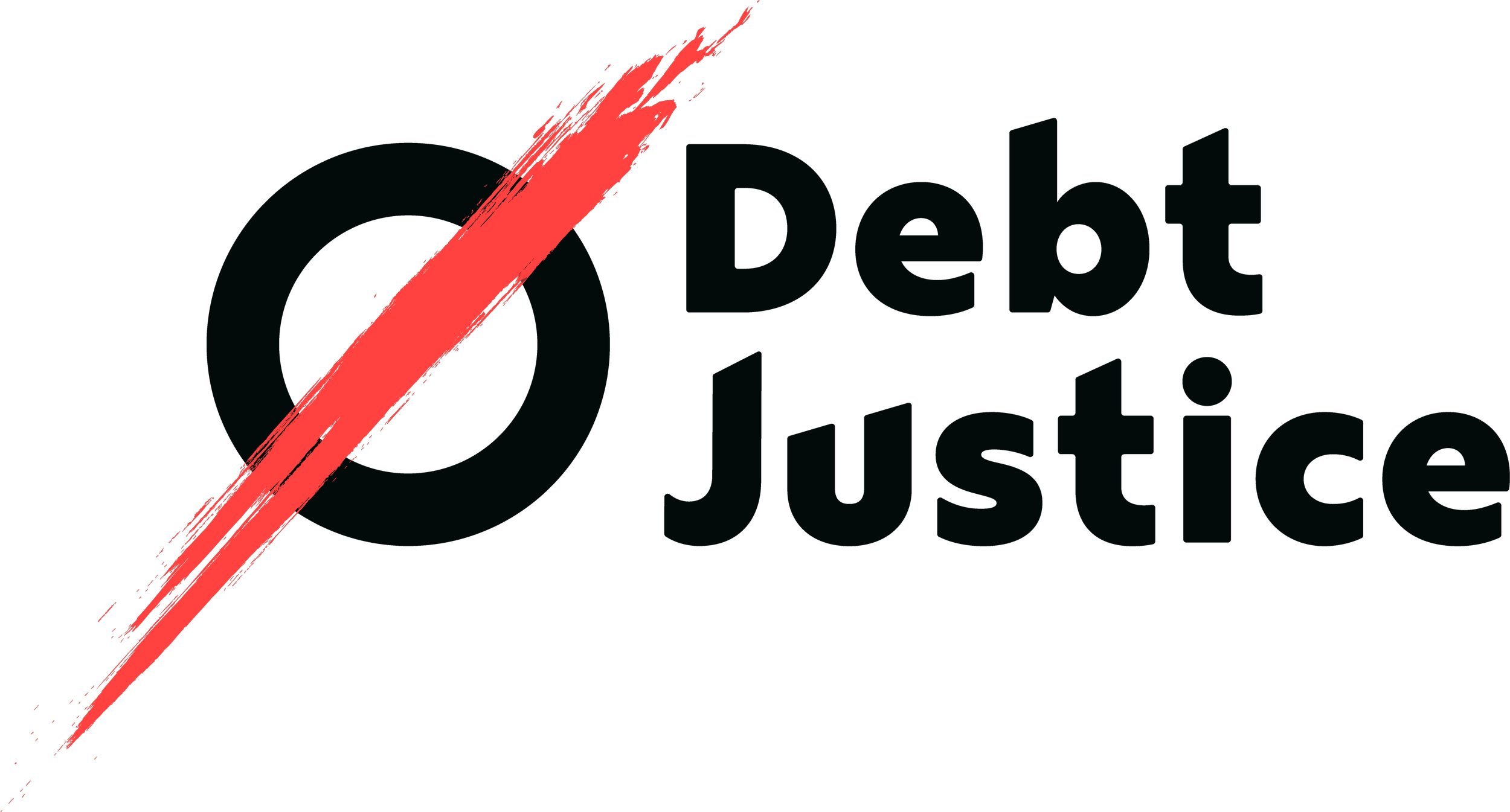 Black background with a diagonal red brush stroke and the text "Debt Justice" in dark, bold letters.