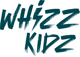 Whizz Kidz logo with stylized text in shades of teal and black