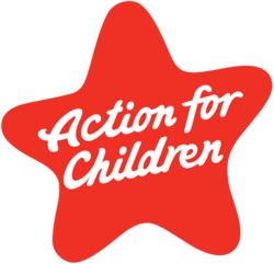 Red star with white text that says 'Action for Children'