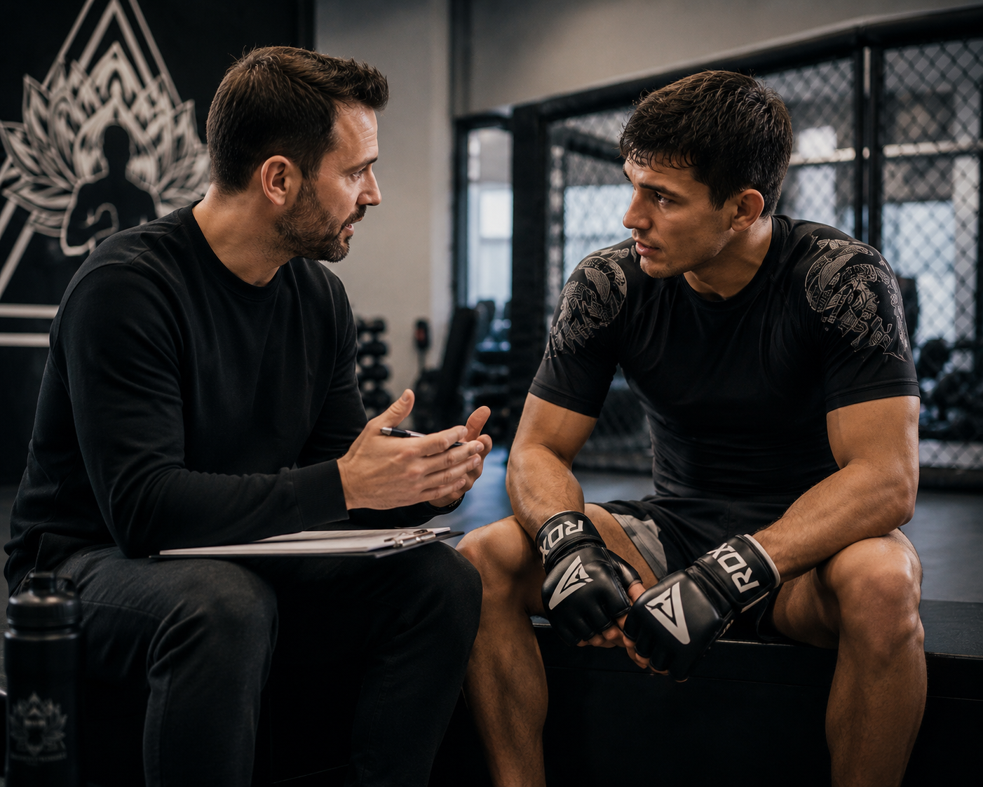 A mental game coach and sports psychologist and a male fighter having a discussion in a gym, with the fighter wearing boxing gloves and seated on a bench.