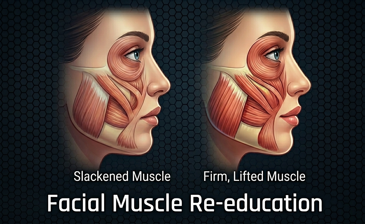 Facial muscle re-education infographic comparing sagging and lifted facial muscles, highlighting the benefits of EMS electro muscle stimulation for skin tightening, anti-aging, and improved facial contour.