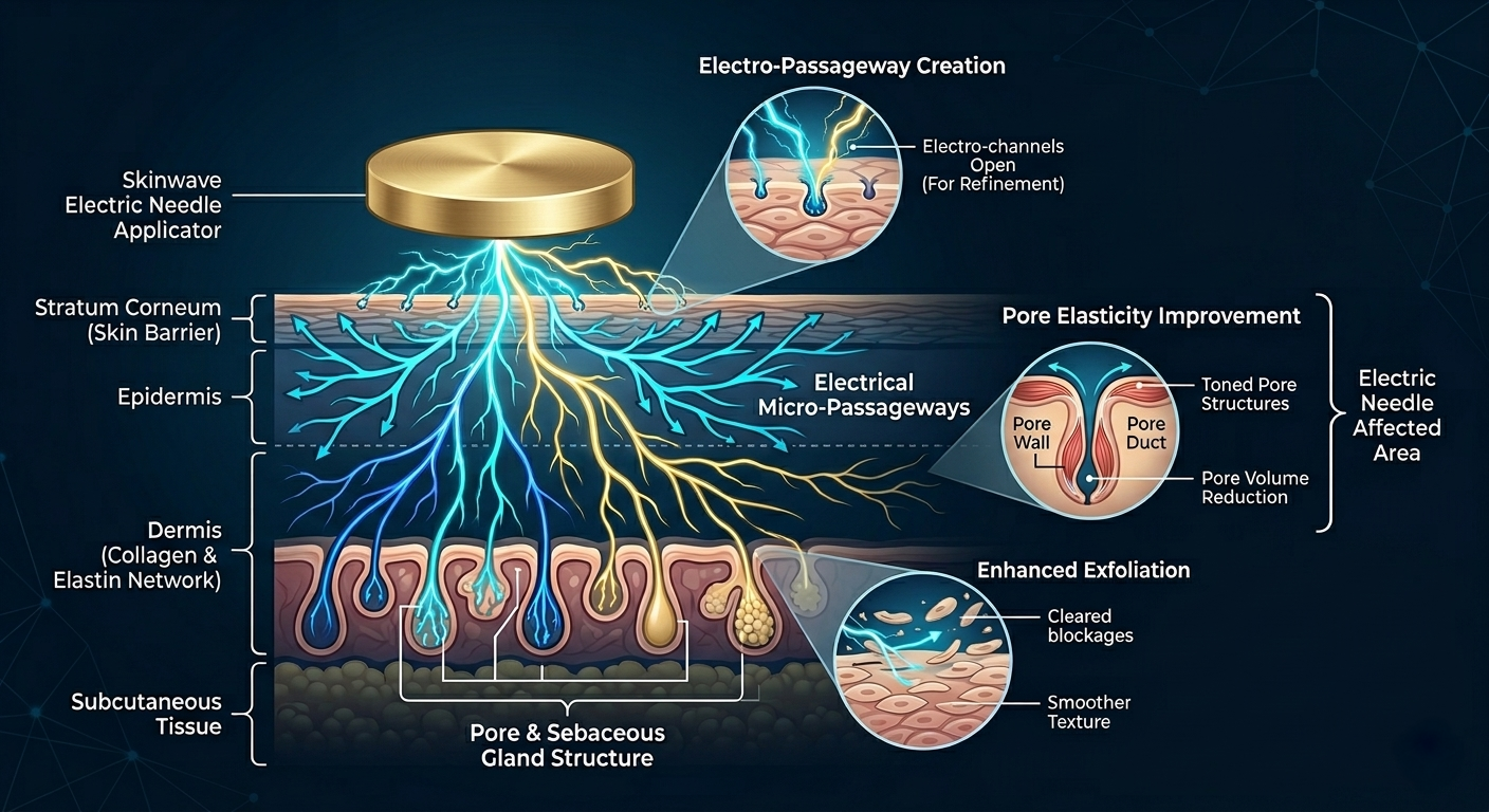 An infographic showing electric needle technology at work on the skin, using Skinwave device