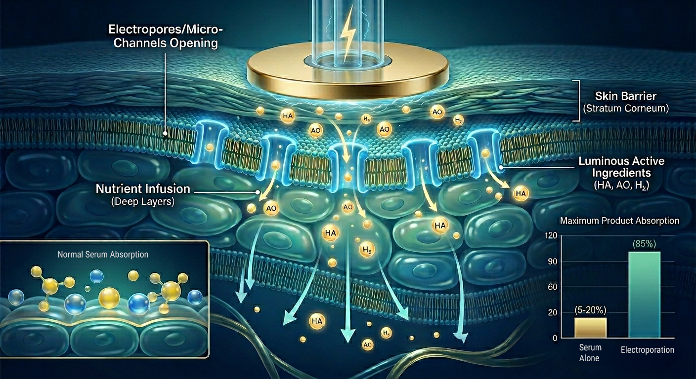 Infographic comparing at-home serum absorption (5-20%) vs. Skinwave electroporation (85%) showing nutrient infusion through temporary micro-channels in the skin barrier.
