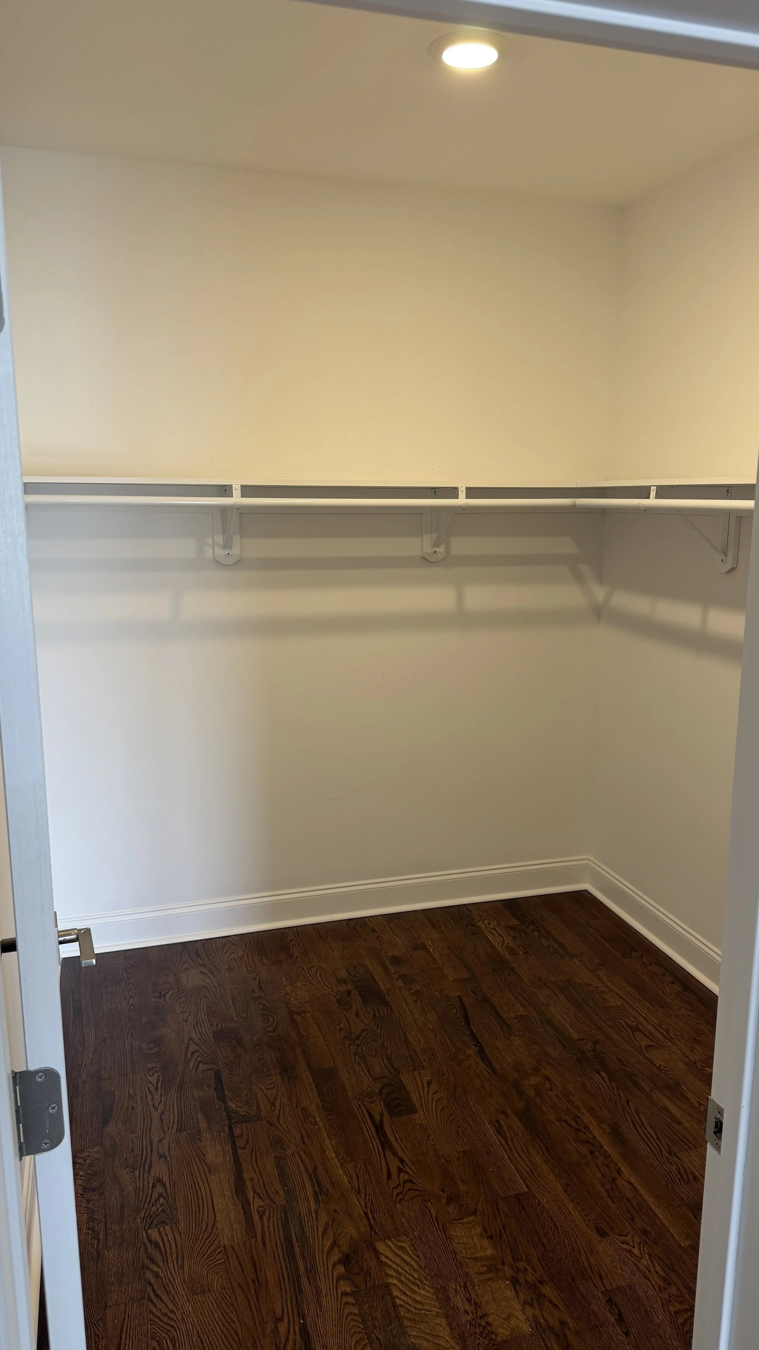 Empty walk-in closet with wooden flooring, white walls, and a single shelf with a hanging rod, illuminated by ceiling light.