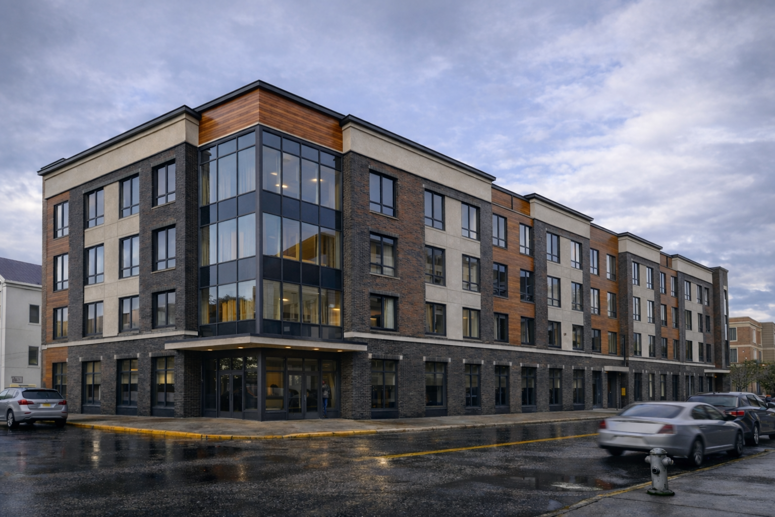 Modern multi-story apartment building with large glass windows, brick and concrete exterior, and parked cars in front on a rainy day.