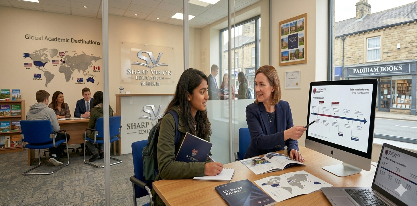 Two women sitting at a table in an office, having a discussion. One is holding a notebook, and the other is pointing at a computer monitor displaying a timeline and a map, with brochures and a map on the table. In the background, there are people at a reception desk and a world map on the wall.