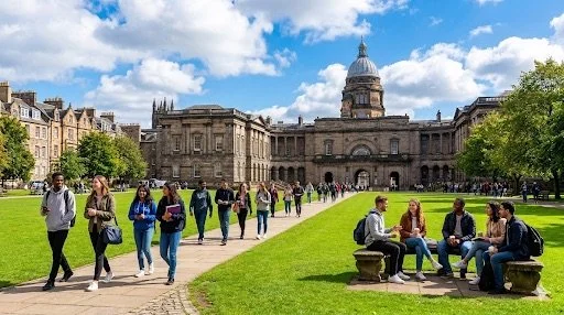 People walking and sitting in a park near a large historic building with a dome, trees, and a cloudy sky.
