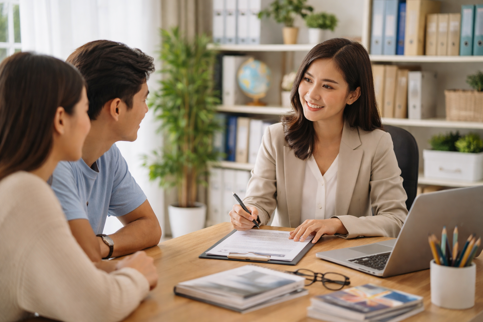 A woman in business attire sitting at a desk under bright lighting, talking to a couple of young adults, representing a counseling or advisory session in an office with bookshelves, plants, and a laptop.