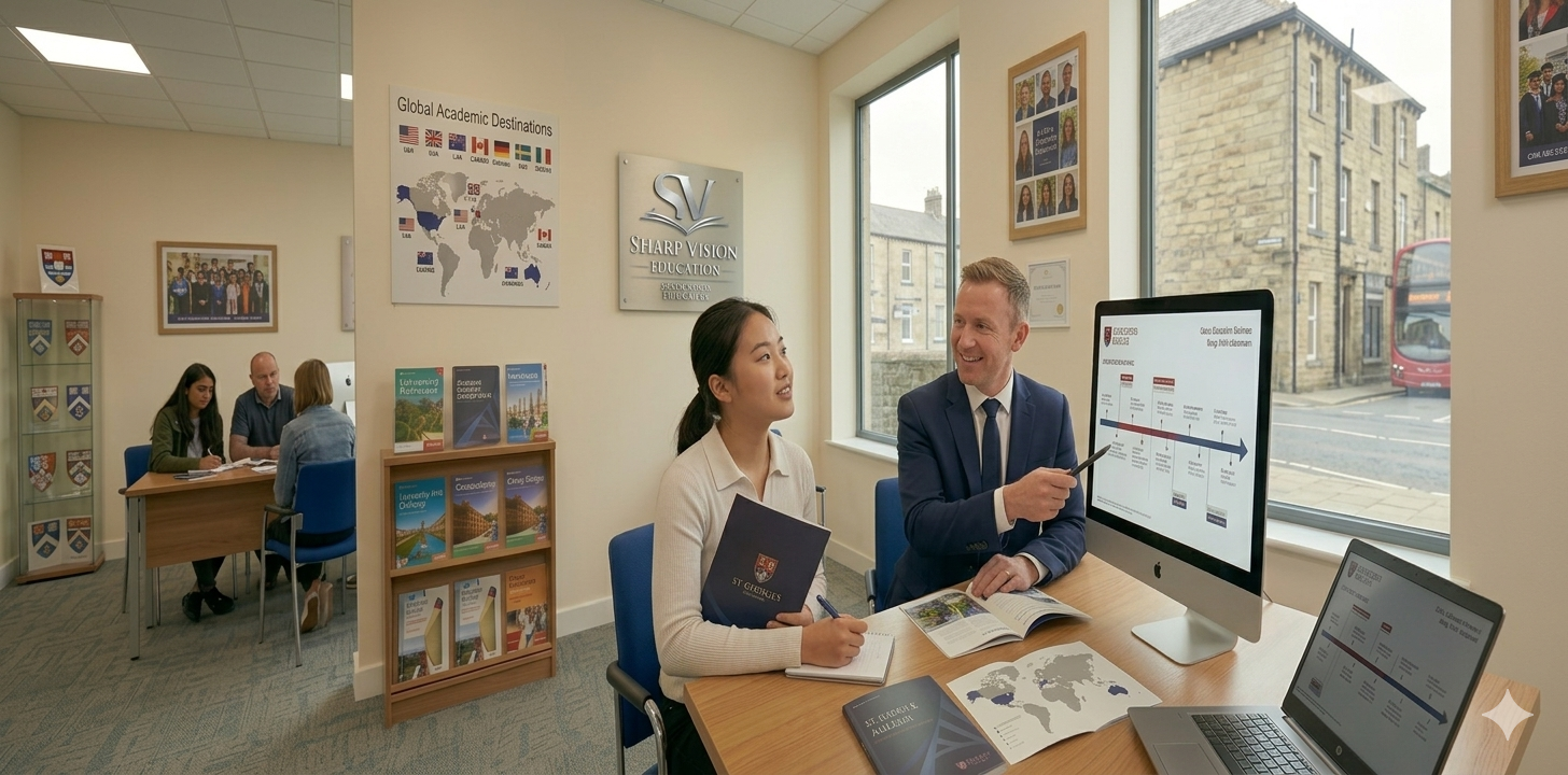 Two students and a teacher in a classroom, with large windows, a world map, and academic posters, engaged in discussion at a desk with computers and educational materials.