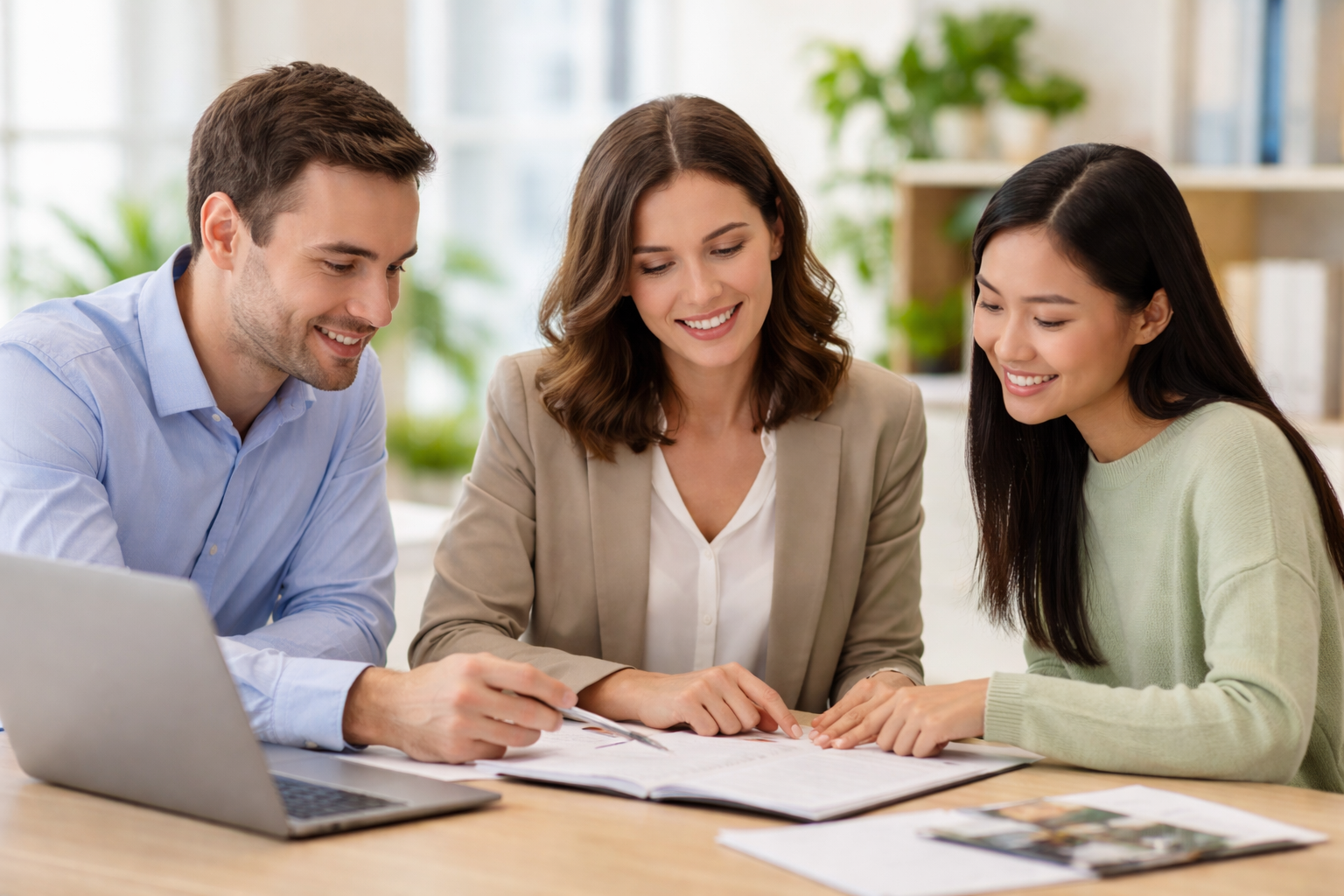 Three people sitting at a table, smiling and looking at documents together, with a laptop open in front of them, in a bright office space with plants in the background.