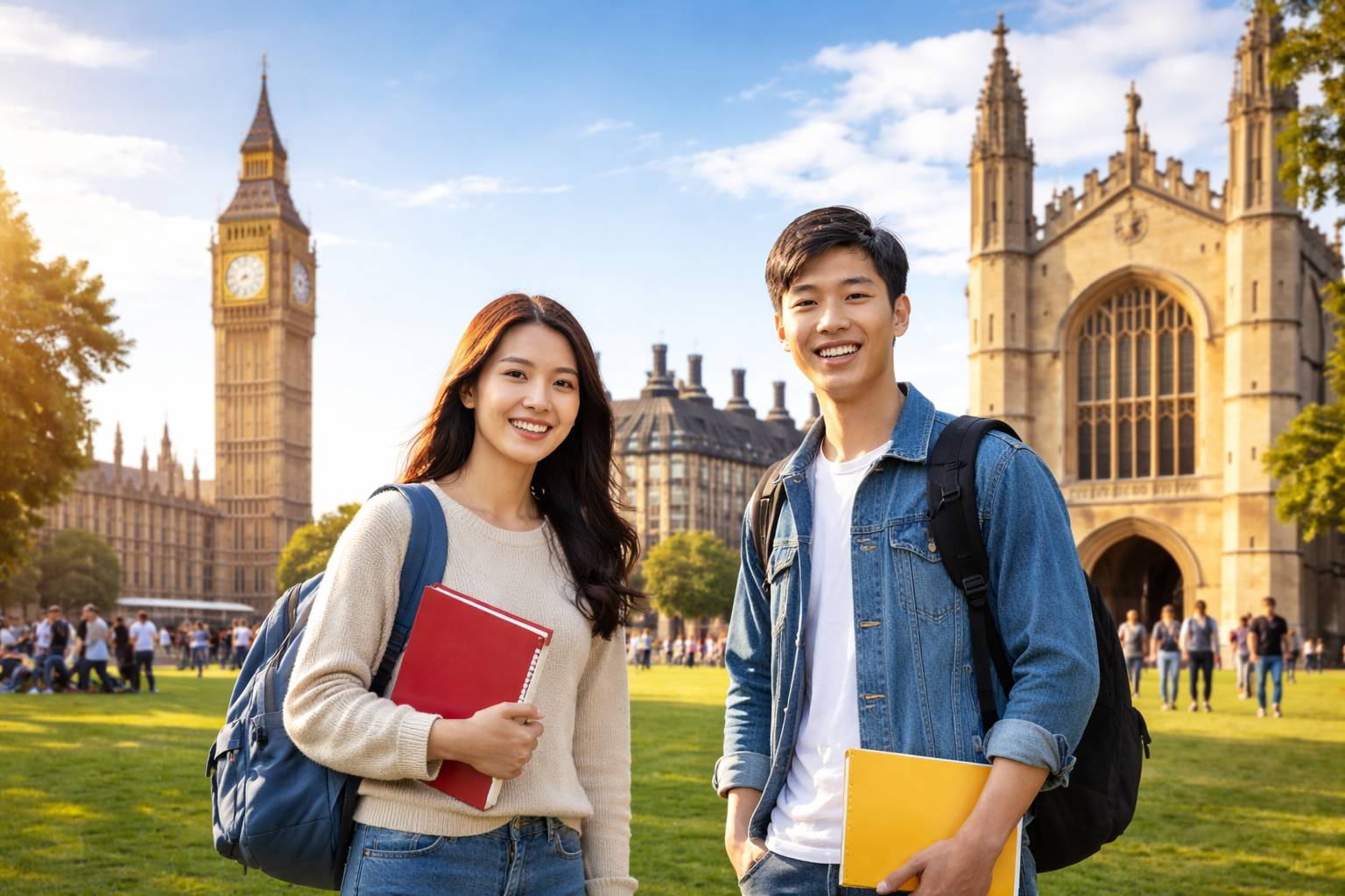Two young students, a woman and a man, standing on a grassy area in front of the Big Ben clock tower and historic buildings in London, smiling and holding notebooks.