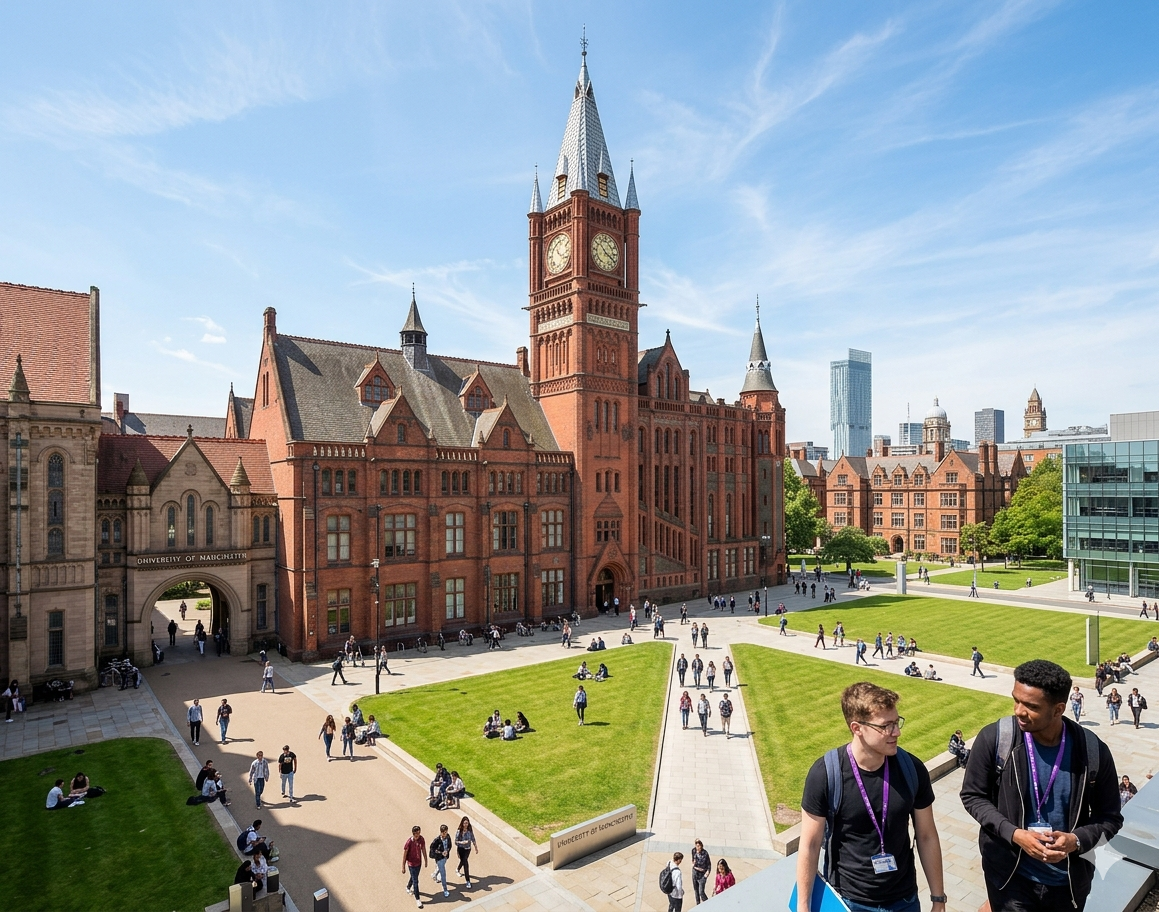 Students walking and sitting on a university campus with red brick buildings, a clock tower, green lawns, and modern structures under a blue sky.