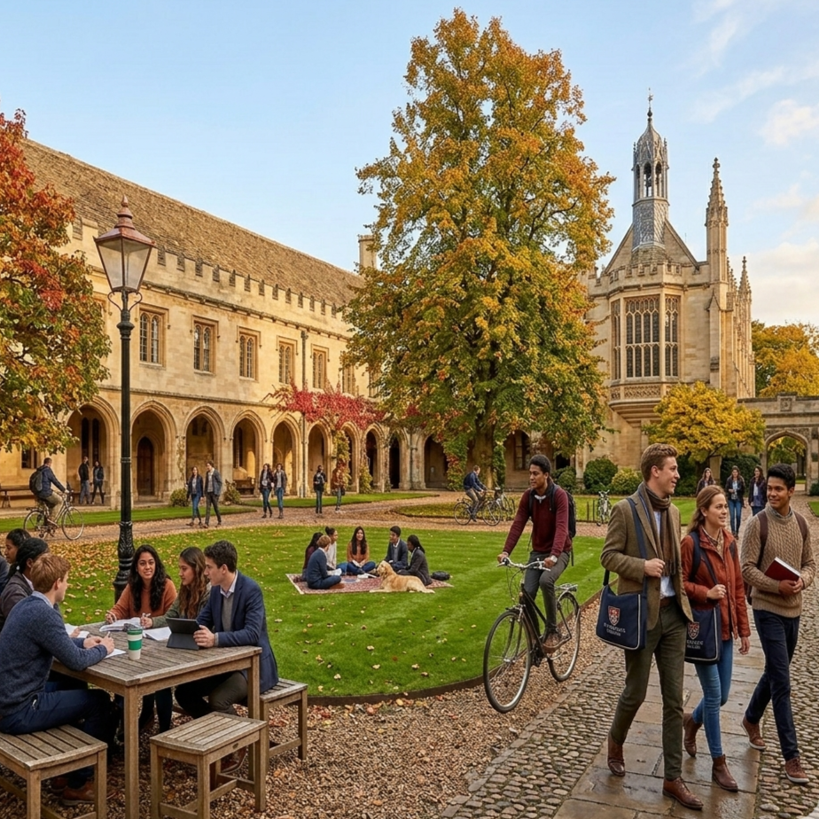 Students on a college campus in autumn, with a historic stone building, large trees with fall foliage, and students sitting on the grass and walking.