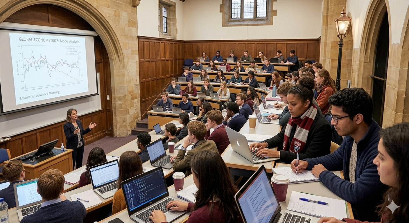 A university classroom with students seated at tiered desks, paying attention to a female instructor at the front who is giving a presentation on economic model analysis. The room has tall windows, wood-paneled walls, and a projector screen displaying a graph.