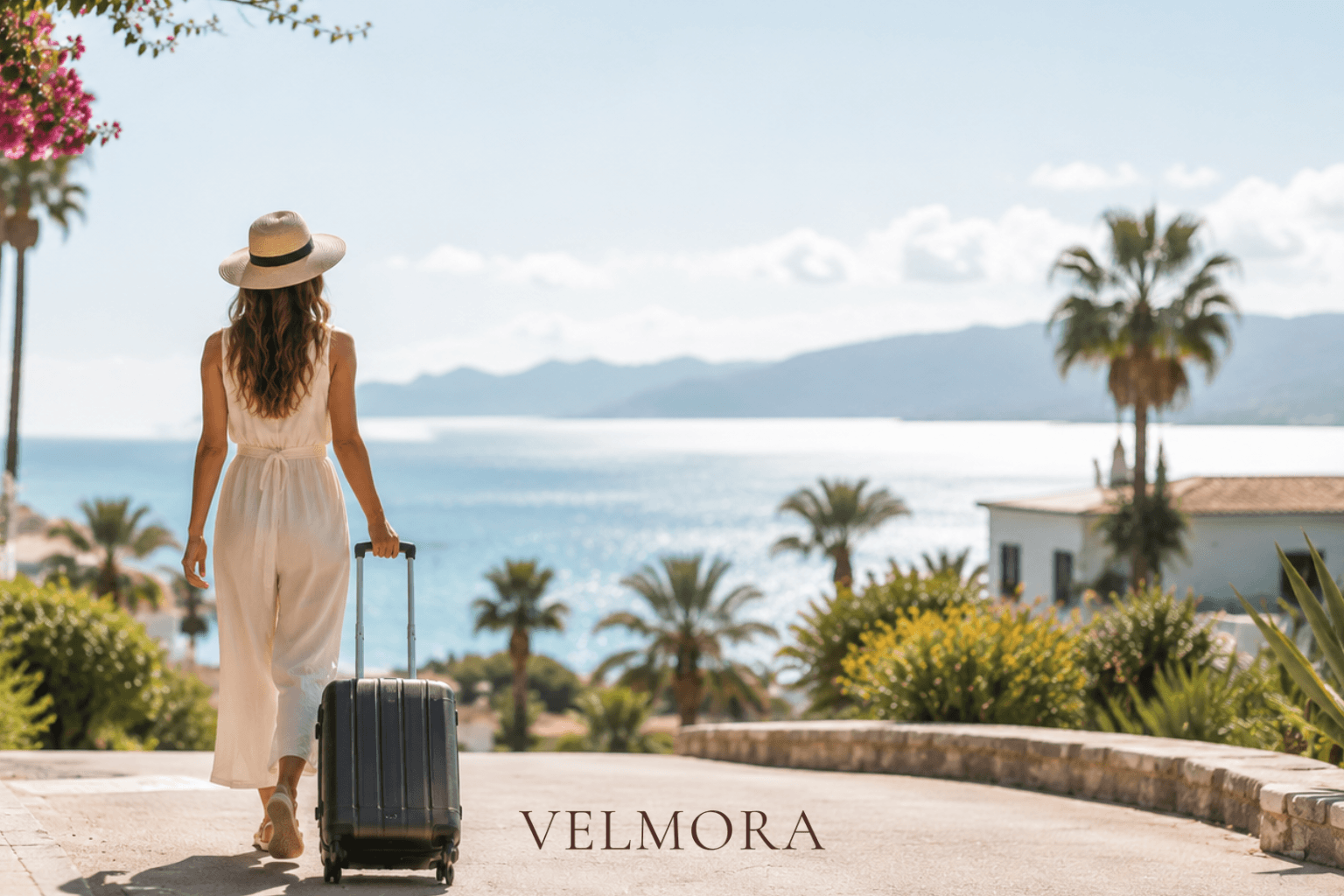 Hotelgast verlässt ein Urlaubshotel am Meer nach dem Aufenthalt. Post-Stay E-Mails unterstützen Hotels bei Gästebindung, Wiederbuchungen und langfristigen Kundenbeziehungen.