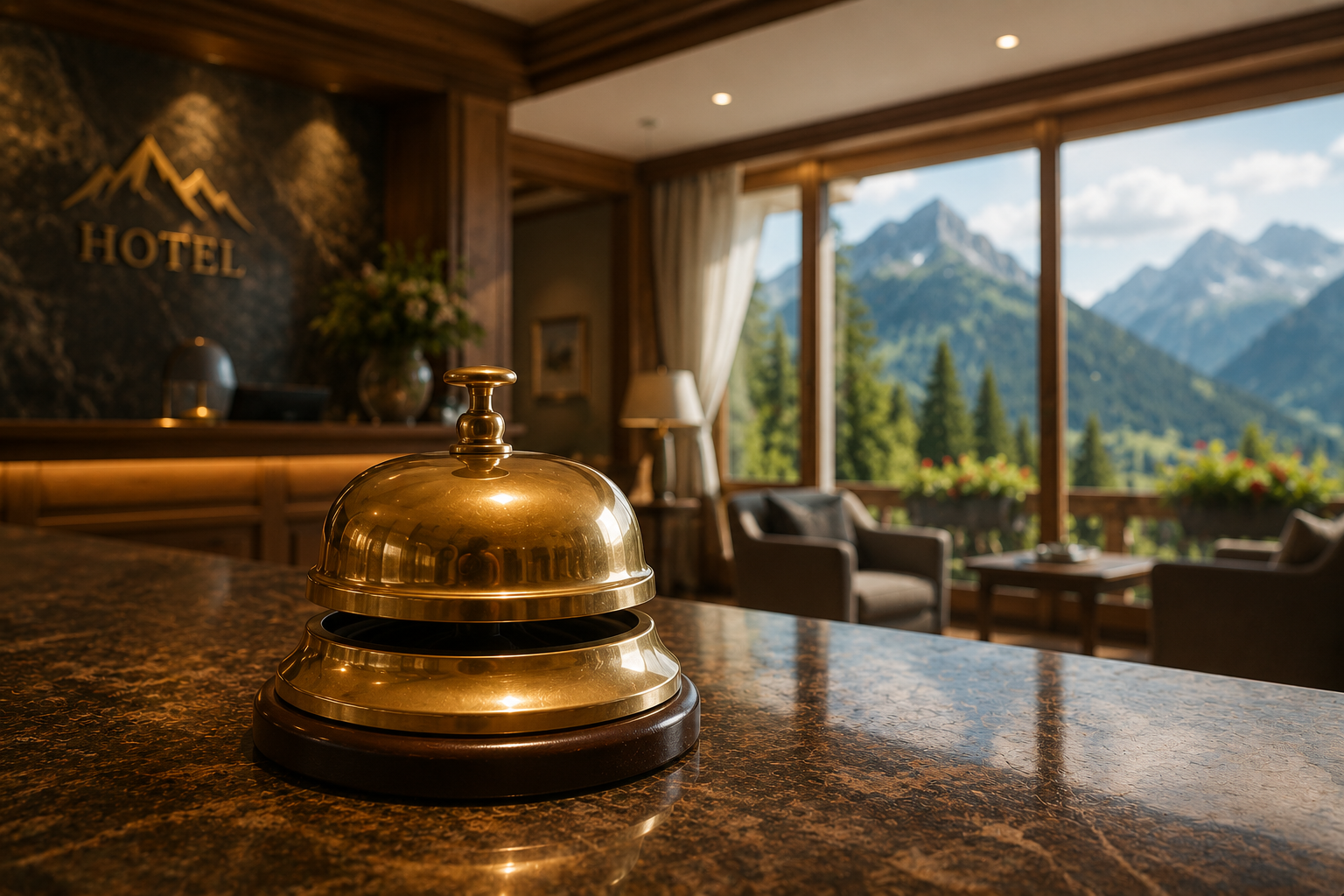 Luxuriöse Hotelklingel an der Rezeption eines eleganten Wellnesshotels in den Alpen.