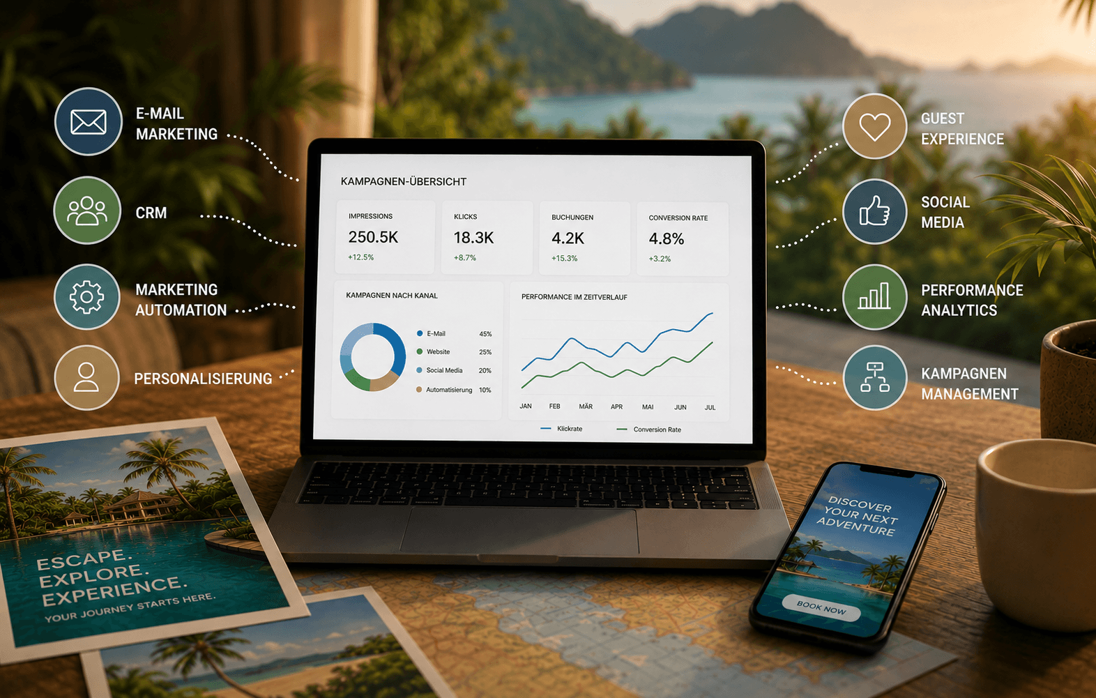 Laptop zeigt eine Dashboard mit Kampagnenübersicht, umgeben von Infografiken und Symbolen für E-Mail Marketing, CRM, Marketing Automation, Personalisierung, Gast Erfahrung, Soziale Medien, Leistungsanalyse und Kampagnenmanagement. Auf dem Tisch liegen Reisebroschüren, ein Smartphone mit Buchungsapp und Kaffeetassen, im Hintergrund eine Landschaft mit Wasser, Bergen und Sonnenuntergang.