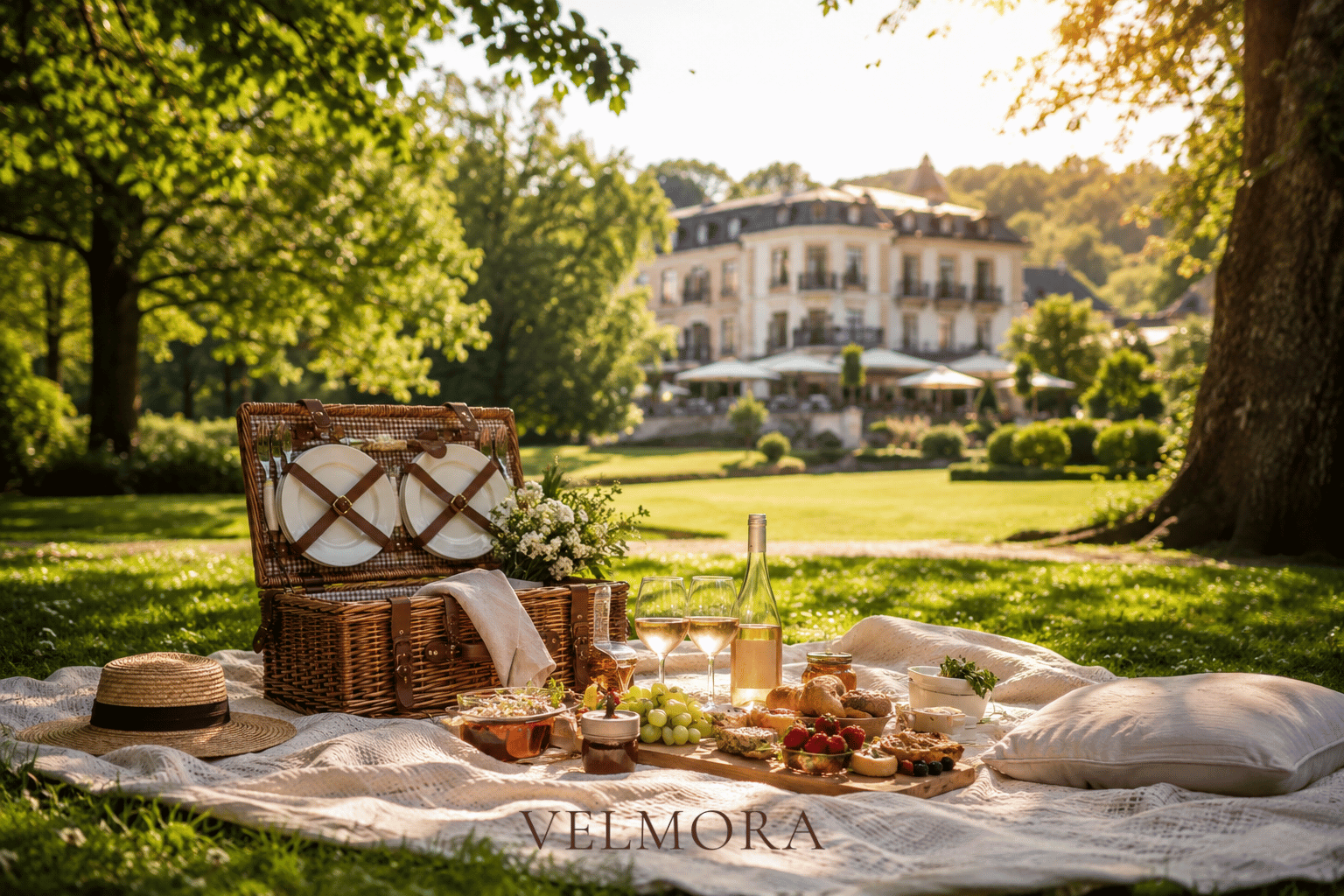 Picknick im Hotelpark mit Picknickkorb, Decke, regionalen Spezialitäten und idyllischer Parklandschaft vor einem luxuriösen Hotel.
