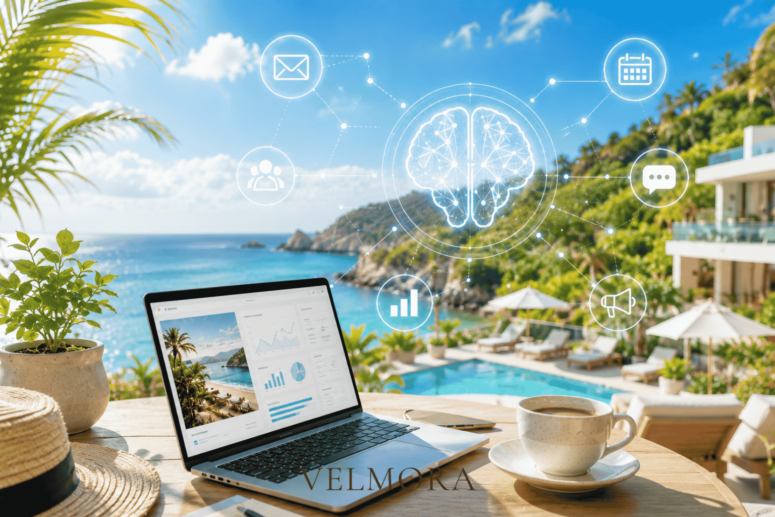 Laptop auf der Terrasse eines Luxushotels mit Blick auf Pool und Meer, kombiniert mit KI-Elementen als Symbol für künstliche Intelligenz im Hotelmarketing und digitale Marketingstrategien für Hotels.