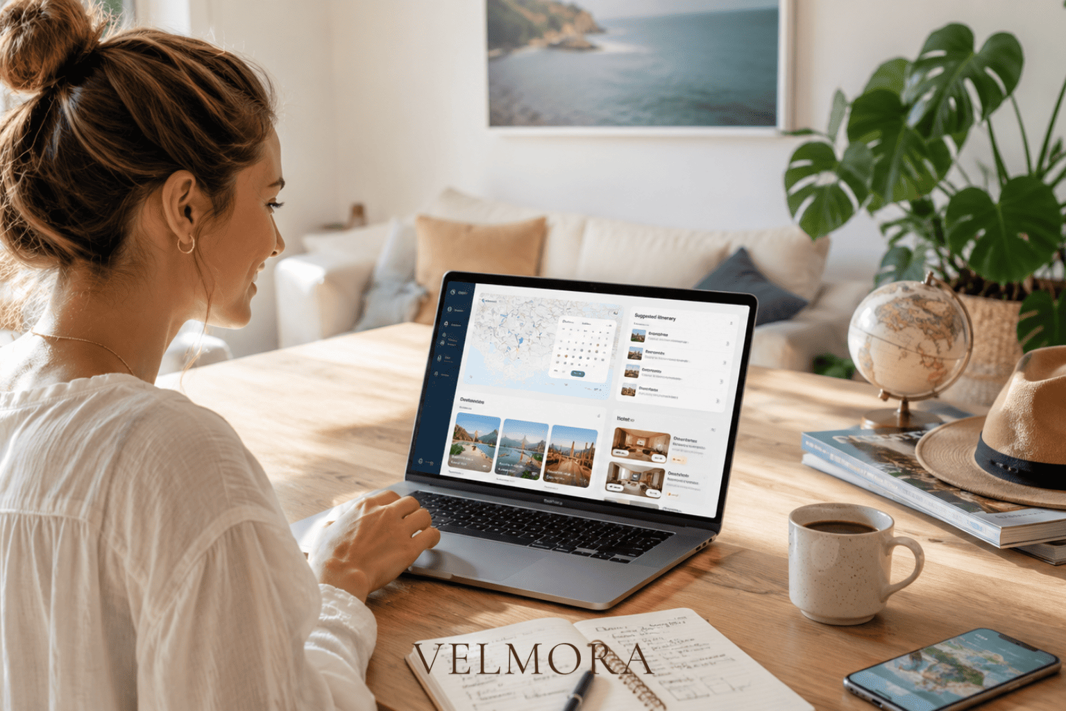 KI Reiseplanung am Laptop: Junge Frau plant Urlaub, Hotels und Reiseziele mit künstlicher Intelligenz.